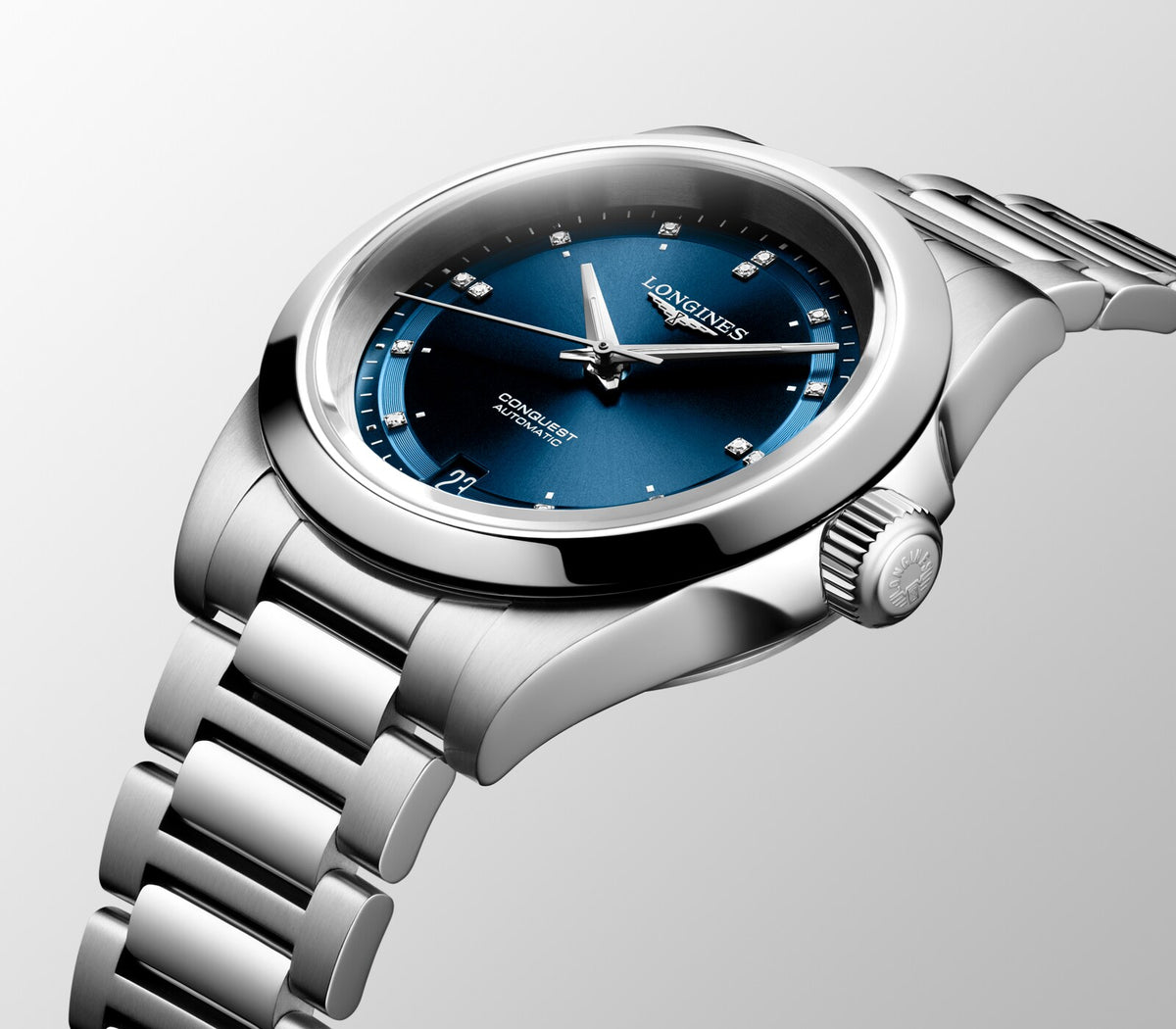 [SIMCHA-OFFICIAL-GALLERY:L3.430.4.97.6:11] Longines Conquest 34.00mm Automatic Sunray blue Swiss Super-LumiNova® Dial Stainless Steel Bracelet Watch — official gallery view 11