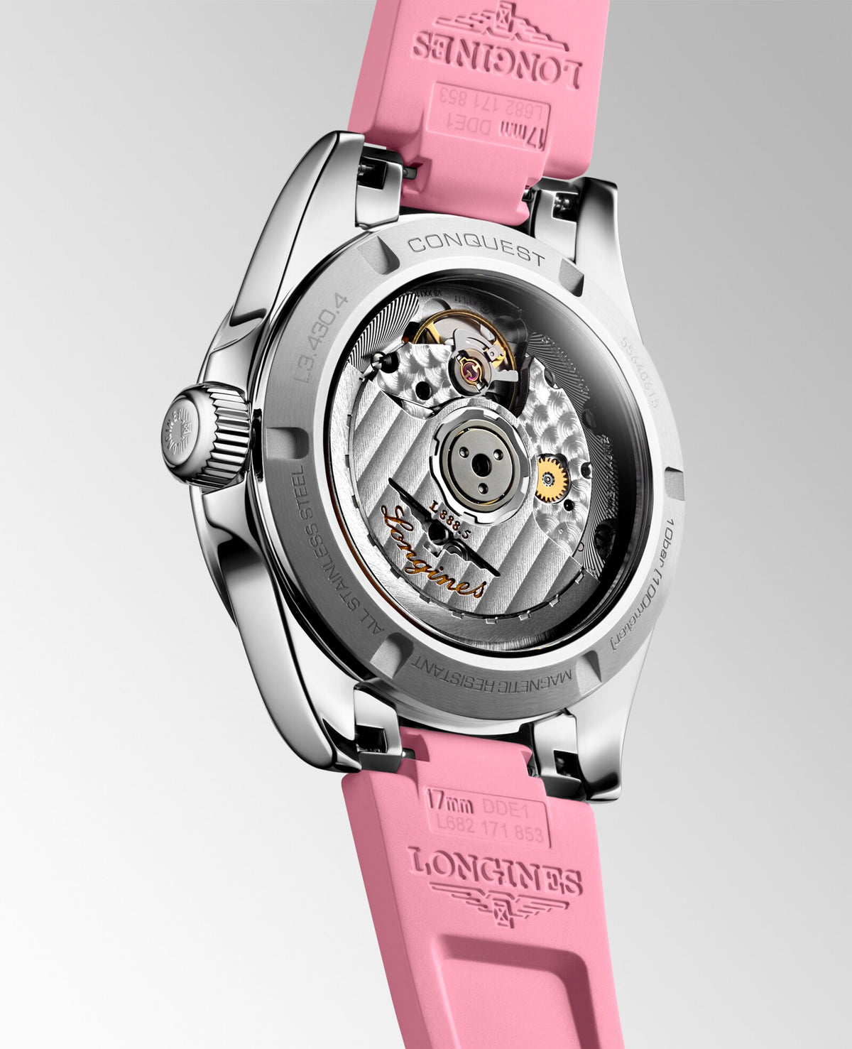 [SIMCHA-OFFICIAL-GALLERY:L3.430.4.99.9:05] Longines Conquest 34.00mm Automatic Sunray pink Dial Pink Rubber Strap Watch — official gallery view 5
