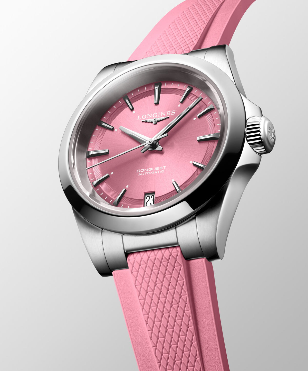 [SIMCHA-OFFICIAL-GALLERY:L3.430.4.99.9:04] Longines Conquest 34.00mm Automatic Sunray pink Dial Pink Rubber Strap Watch — official gallery view 4