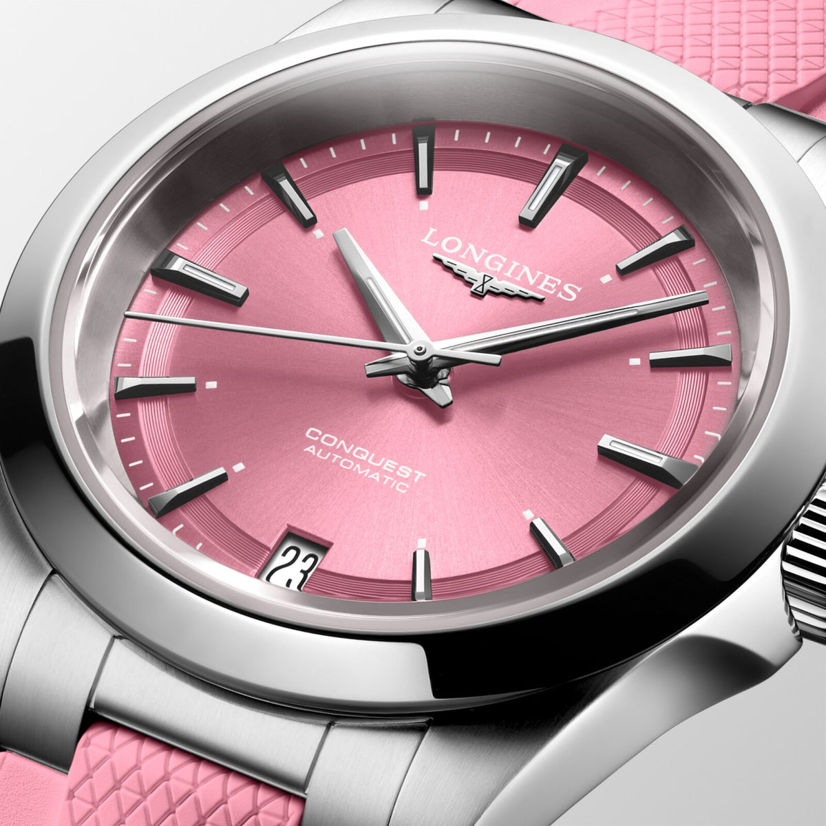 [SIMCHA-OFFICIAL-GALLERY:L3.430.4.99.9:02] Longines Conquest 34.00mm Automatic Sunray pink Dial Pink Rubber Strap Watch — official gallery view 2