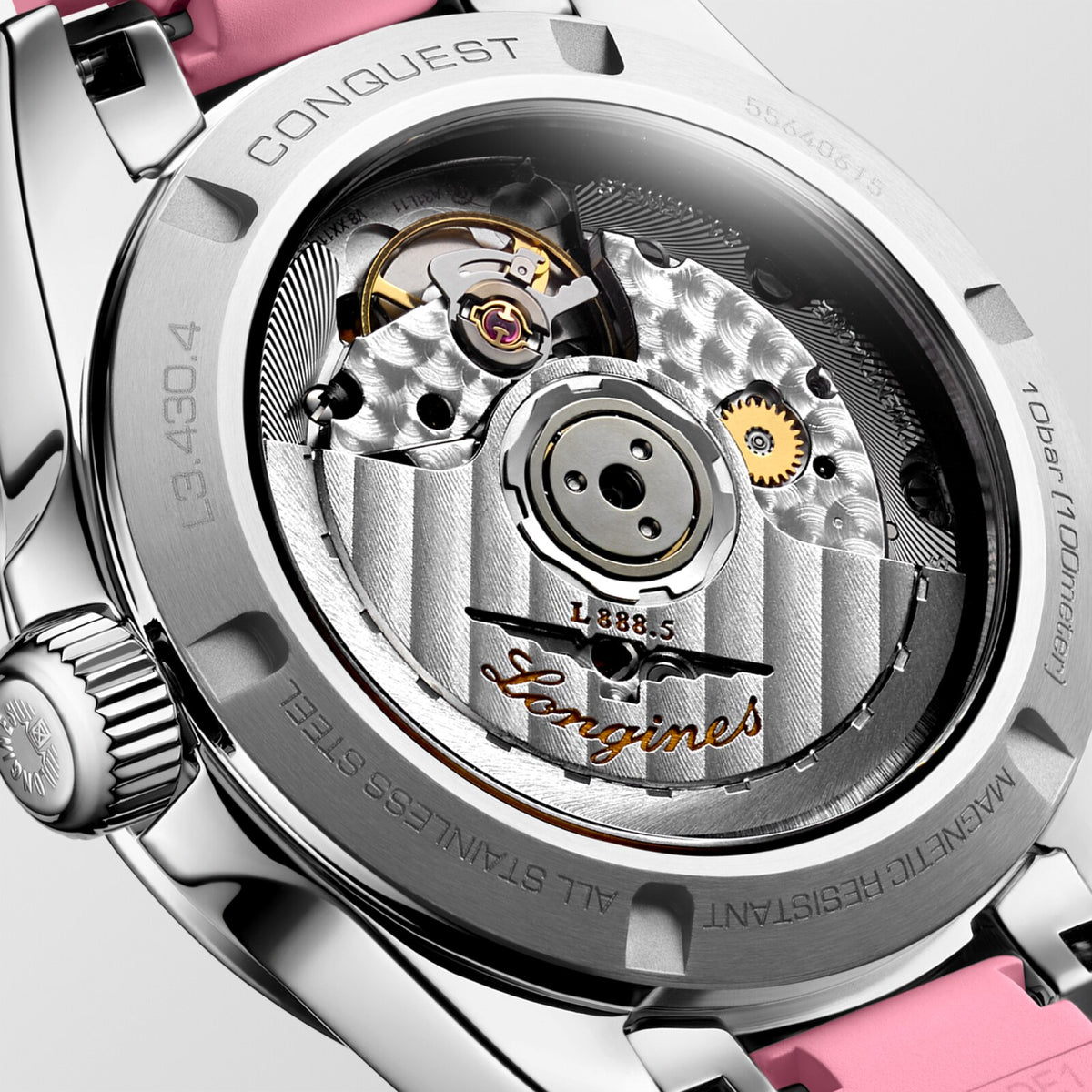 [SIMCHA-OFFICIAL-GALLERY:L3.430.4.99.9:03] Longines Conquest 34.00mm Automatic Sunray pink Dial Pink Rubber Strap Watch — official gallery view 3