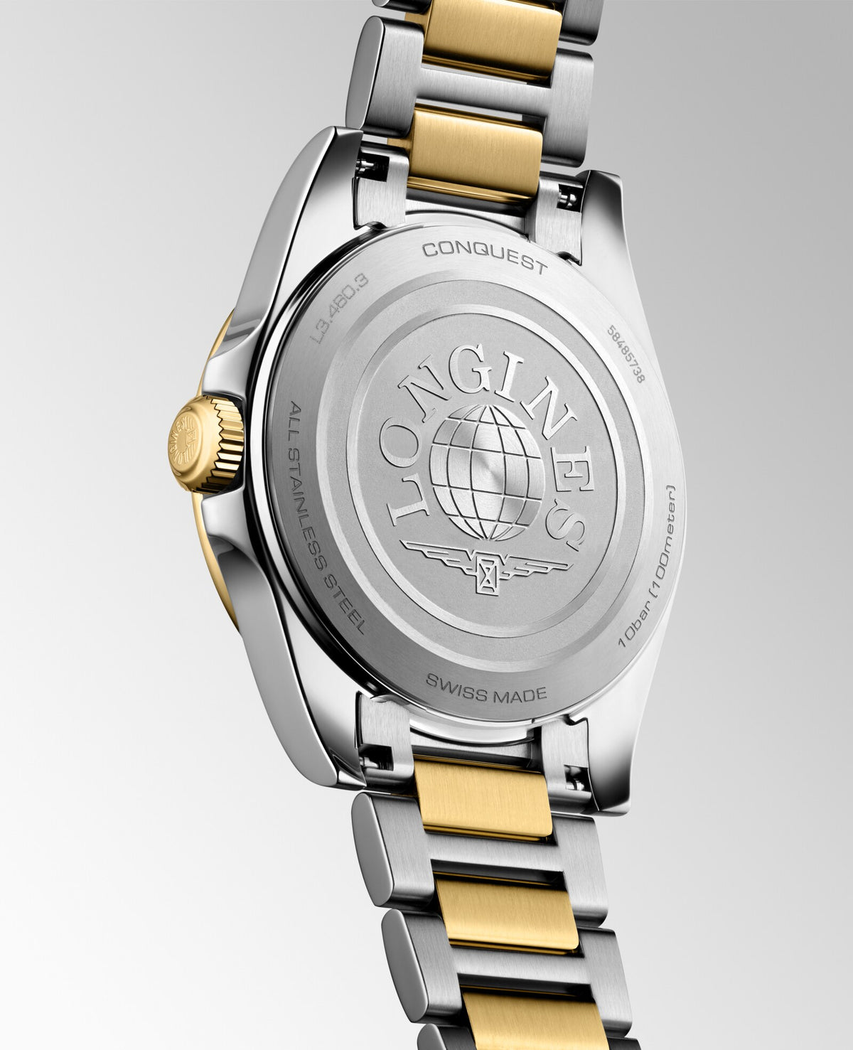 [SIMCHA-OFFICIAL-GALLERY:L3.460.3.12.7:05] Longines Conquest 34.00mm Quartz White sandblasted Dial Yellow Stainless Steel Bracelet Watch — official gallery view 5