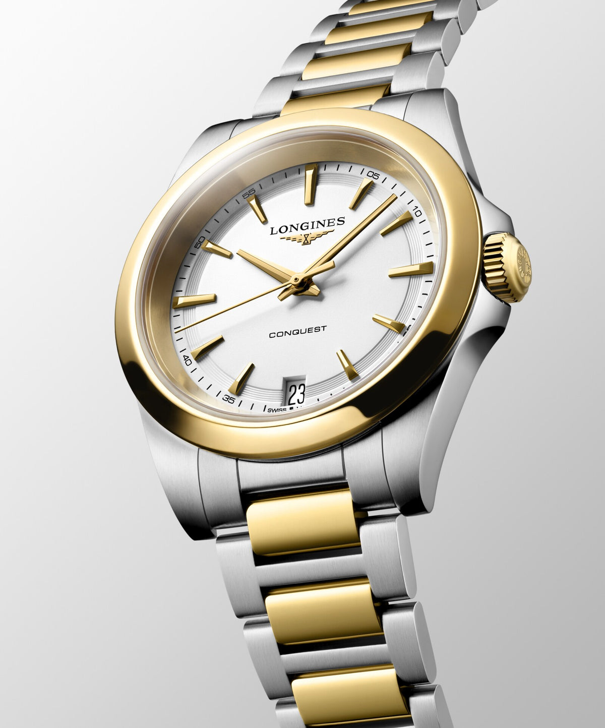 [SIMCHA-OFFICIAL-GALLERY:L3.460.3.12.7:04] Longines Conquest 34.00mm Quartz White sandblasted Dial Yellow Stainless Steel Bracelet Watch — official gallery view 4