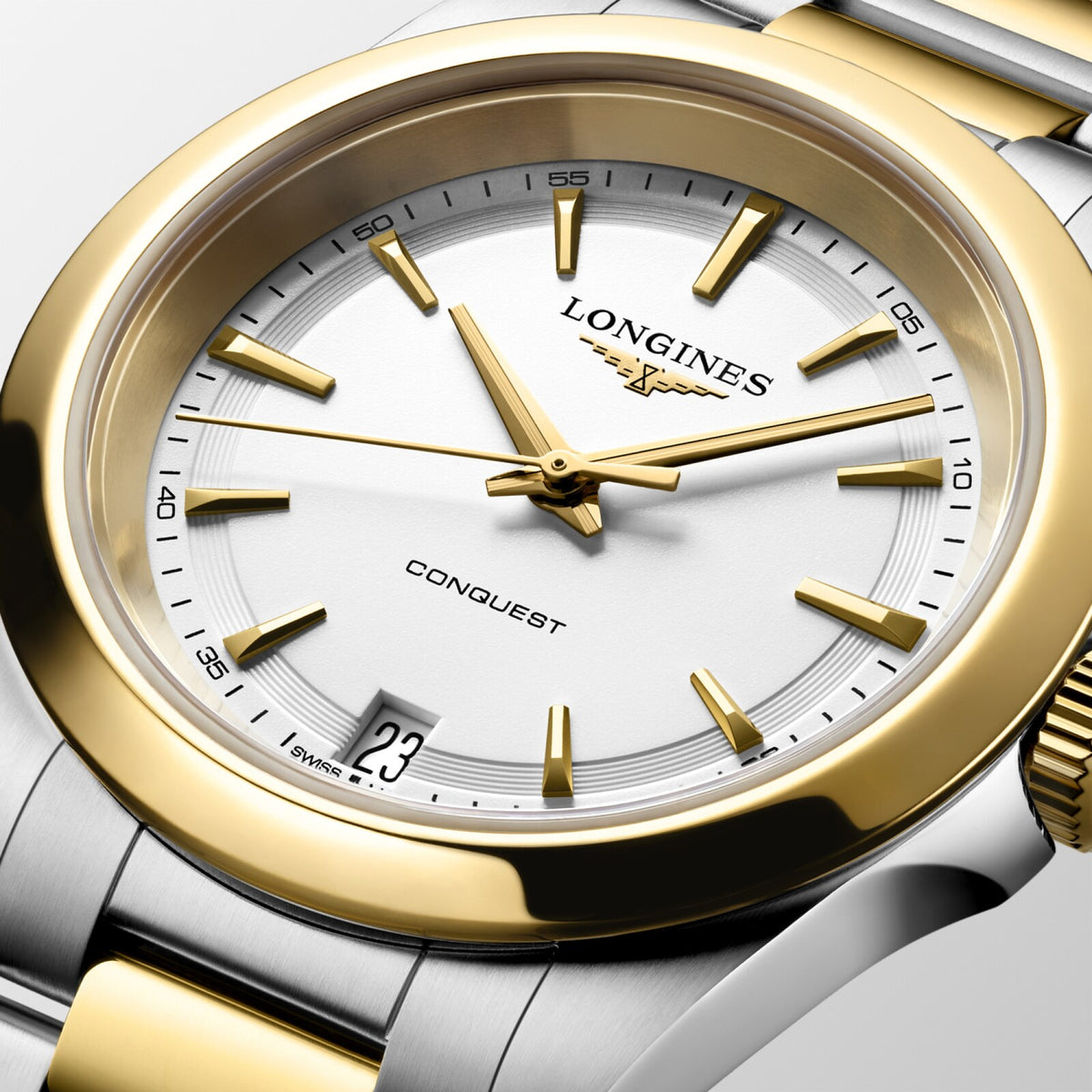[SIMCHA-OFFICIAL-GALLERY:L3.460.3.12.7:02] Longines Conquest 34.00mm Quartz White sandblasted Dial Yellow Stainless Steel Bracelet Watch — official gallery view 2