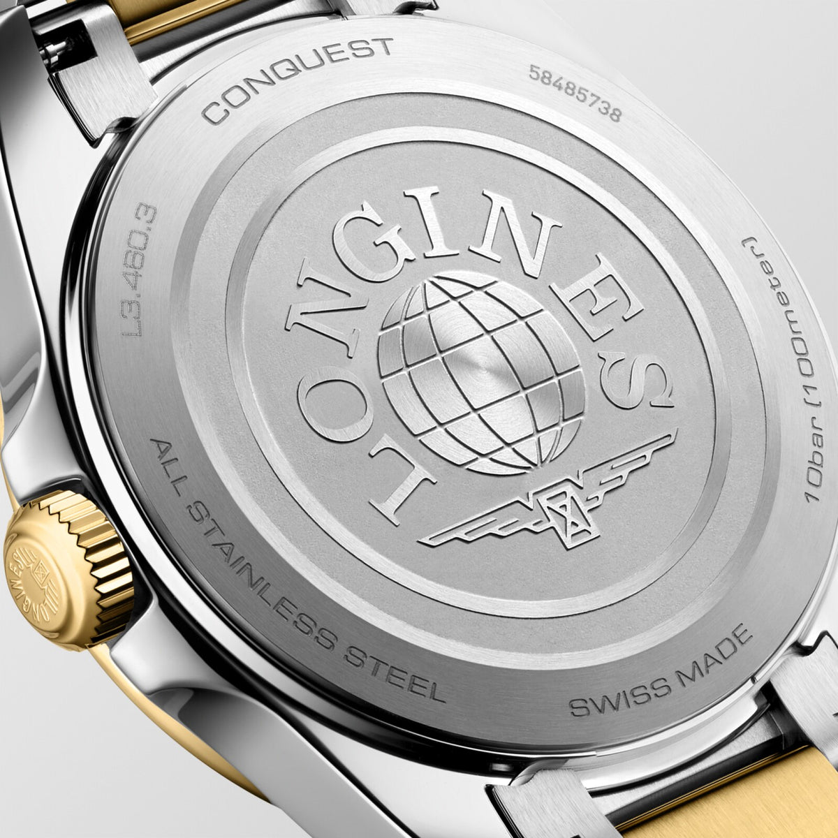[SIMCHA-OFFICIAL-GALLERY:L3.460.3.12.7:03] Longines Conquest 34.00mm Quartz White sandblasted Dial Yellow Stainless Steel Bracelet Watch — official gallery view 3