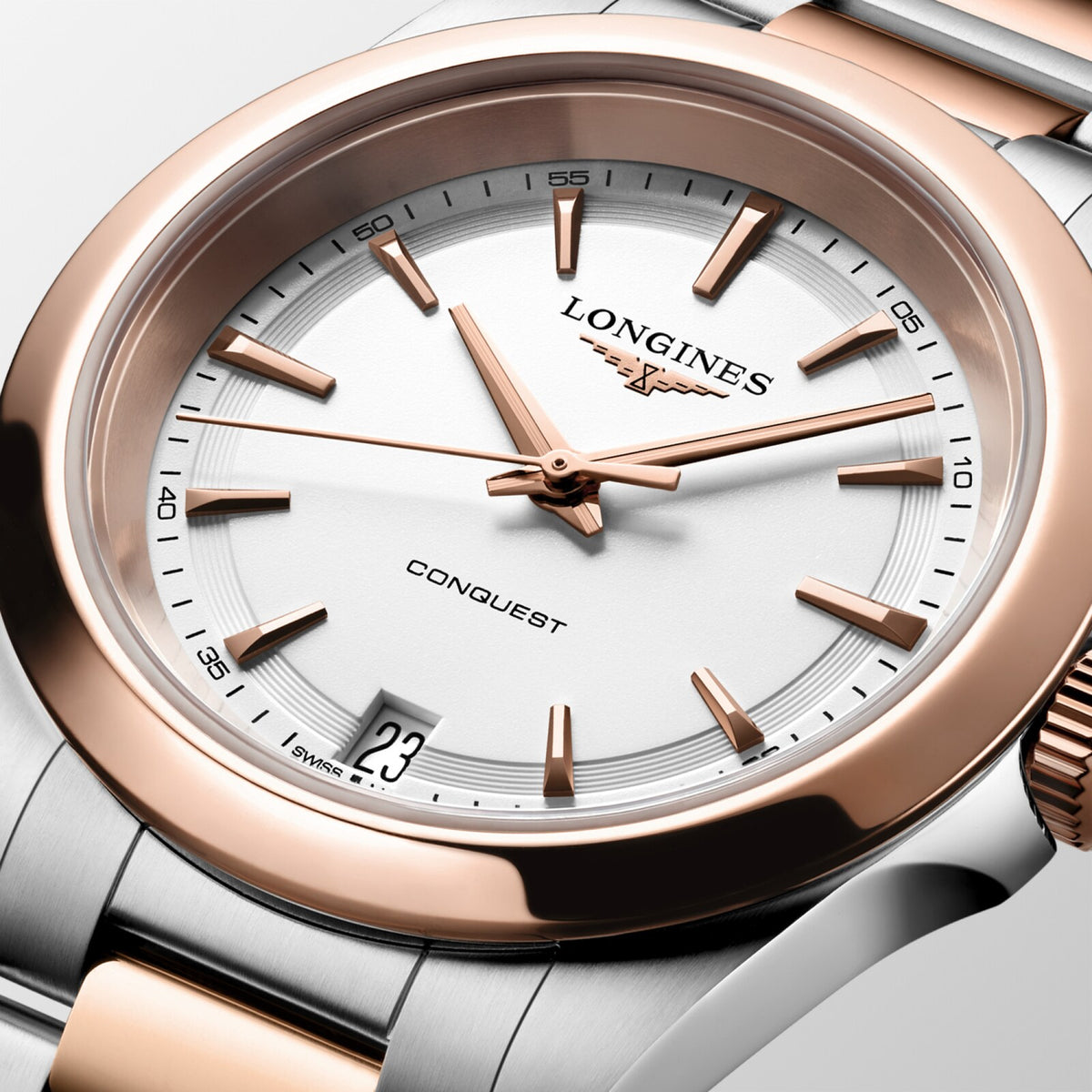 [SIMCHA-OFFICIAL-GALLERY:L3.460.3.18.7:02] Longines Conquest 34.00mm Quartz White sandblasted Dial Red Stainless Steel Bracelet Watch — official gallery view 2