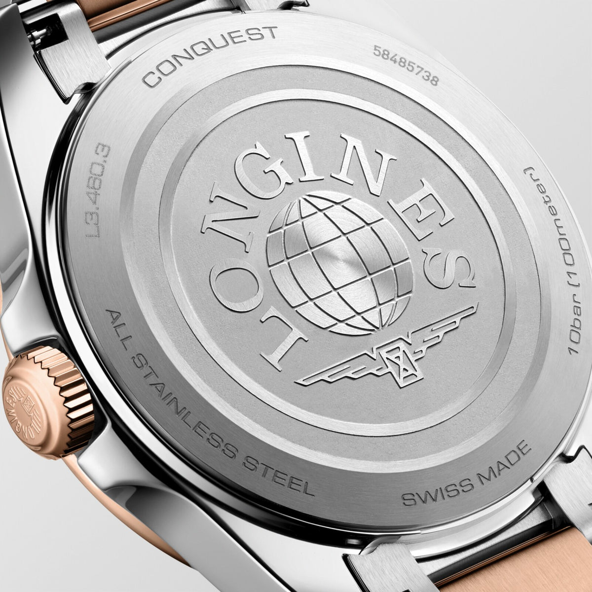 [SIMCHA-OFFICIAL-GALLERY:L3.460.3.18.7:03] Longines Conquest 34.00mm Quartz White sandblasted Dial Red Stainless Steel Bracelet Watch — official gallery view 3