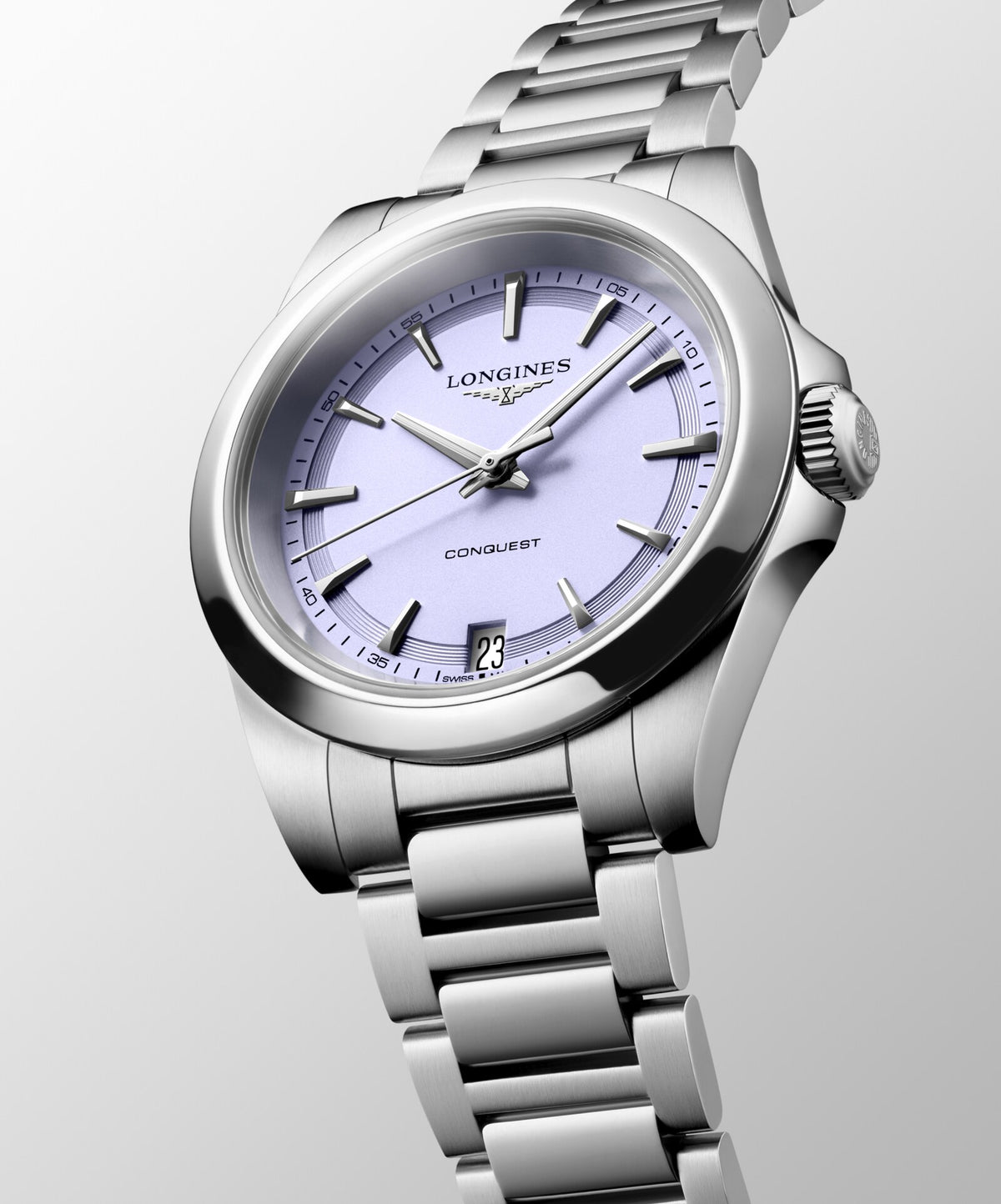 [SIMCHA-OFFICIAL-GALLERY:L3.460.4.02.6:04] Longines Conquest 34.00mm Quartz Lavender mauve sandblasted Dial Stainless Steel Bracelet Watch — official gallery view 4