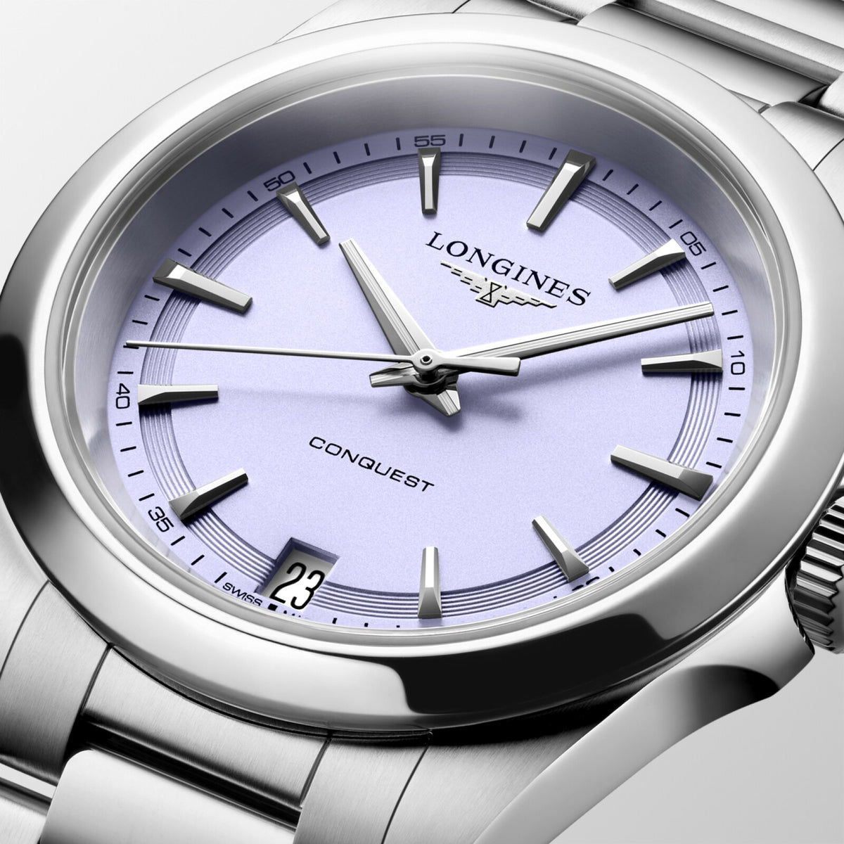 [SIMCHA-OFFICIAL-GALLERY:L3.460.4.02.6:02] Longines Conquest 34.00mm Quartz Lavender mauve sandblasted Dial Stainless Steel Bracelet Watch — official gallery view 2
