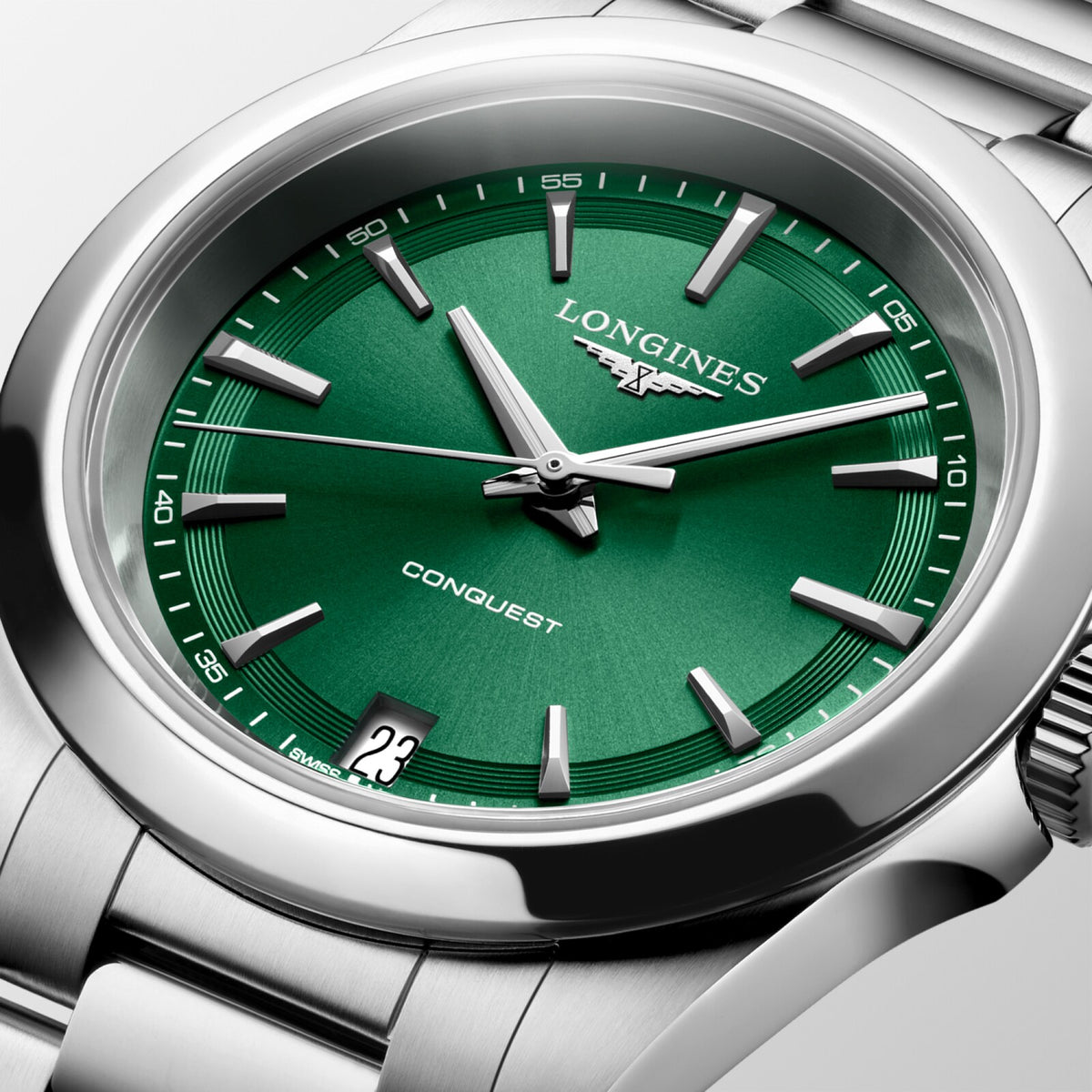 [SIMCHA-OFFICIAL-GALLERY:L3.460.4.09.6:02] Longines Conquest 34.00mm Quartz Sunray green Dial Stainless Steel Bracelet Watch — official gallery view 2