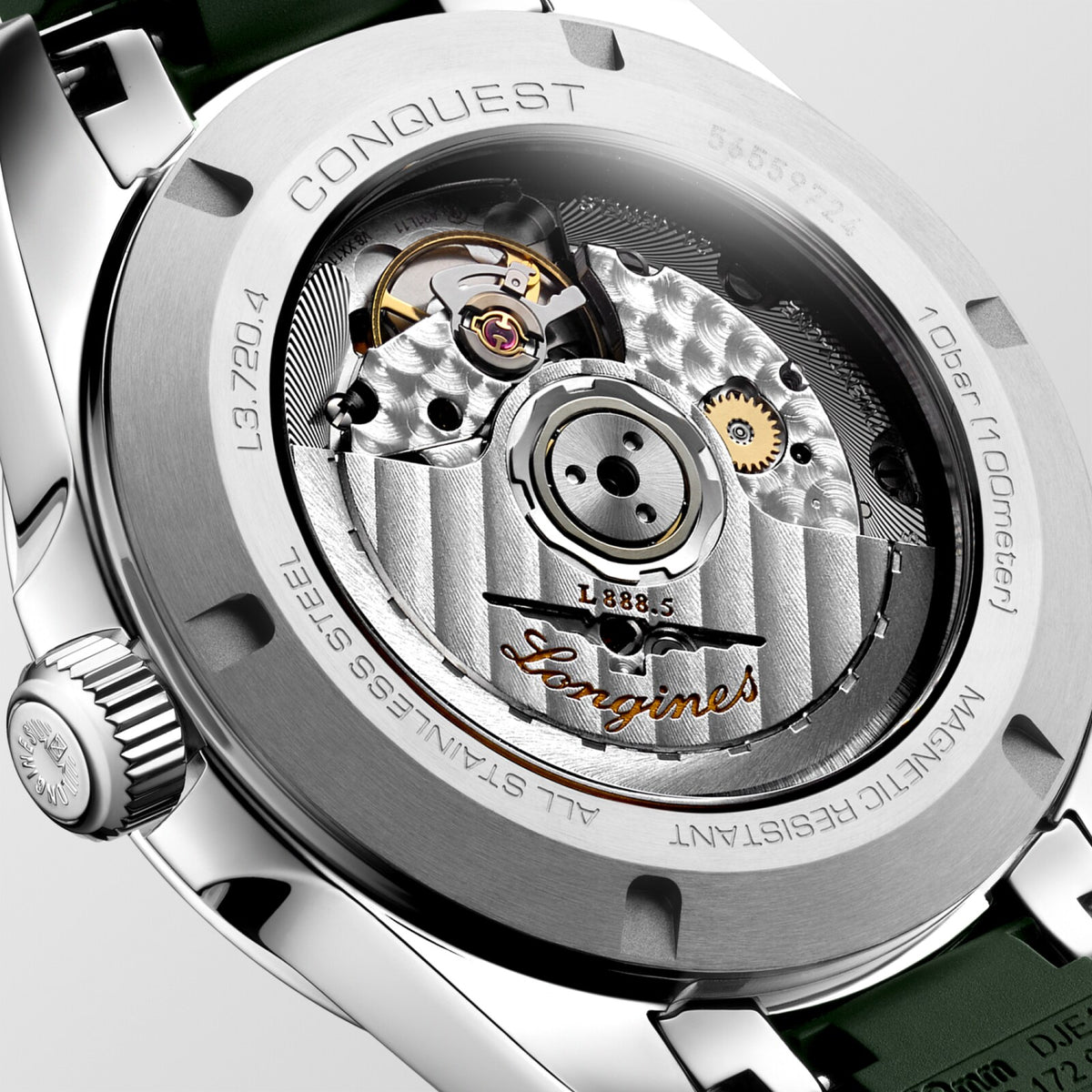 [SIMCHA-OFFICIAL-GALLERY:L3.720.4.02.9:03] Longines Conquest 38.00mm Automatic Sunray green Dial Green Rubber Strap Watch — official gallery view 3