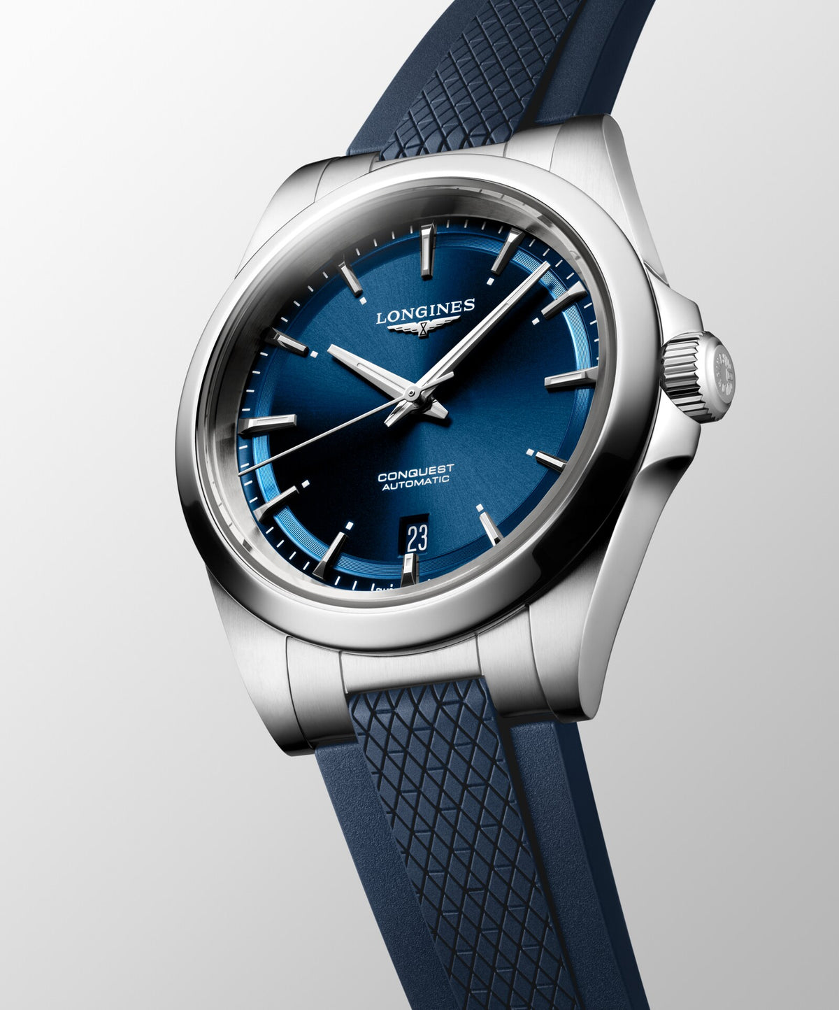 [SIMCHA-OFFICIAL-GALLERY:L3.720.4.92.9:04] Longines Conquest 38.00mm Automatic Sunray blue Dial Blue Rubber Strap Watch — official gallery view 4