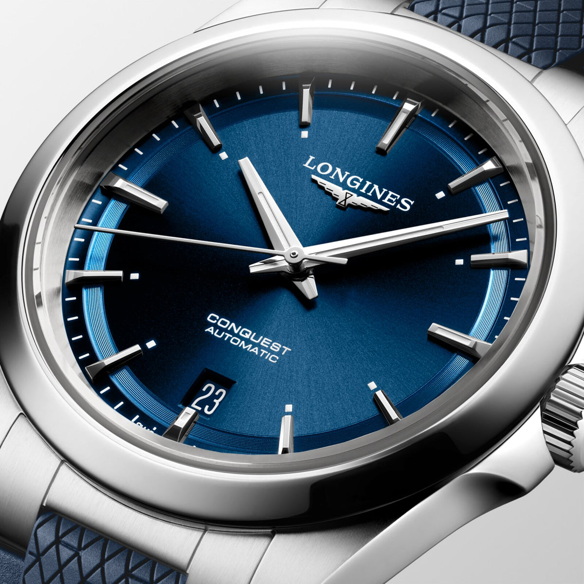 [SIMCHA-OFFICIAL-GALLERY:L3.720.4.92.9:02] Longines Conquest 38.00mm Automatic Sunray blue Dial Blue Rubber Strap Watch — official gallery view 2