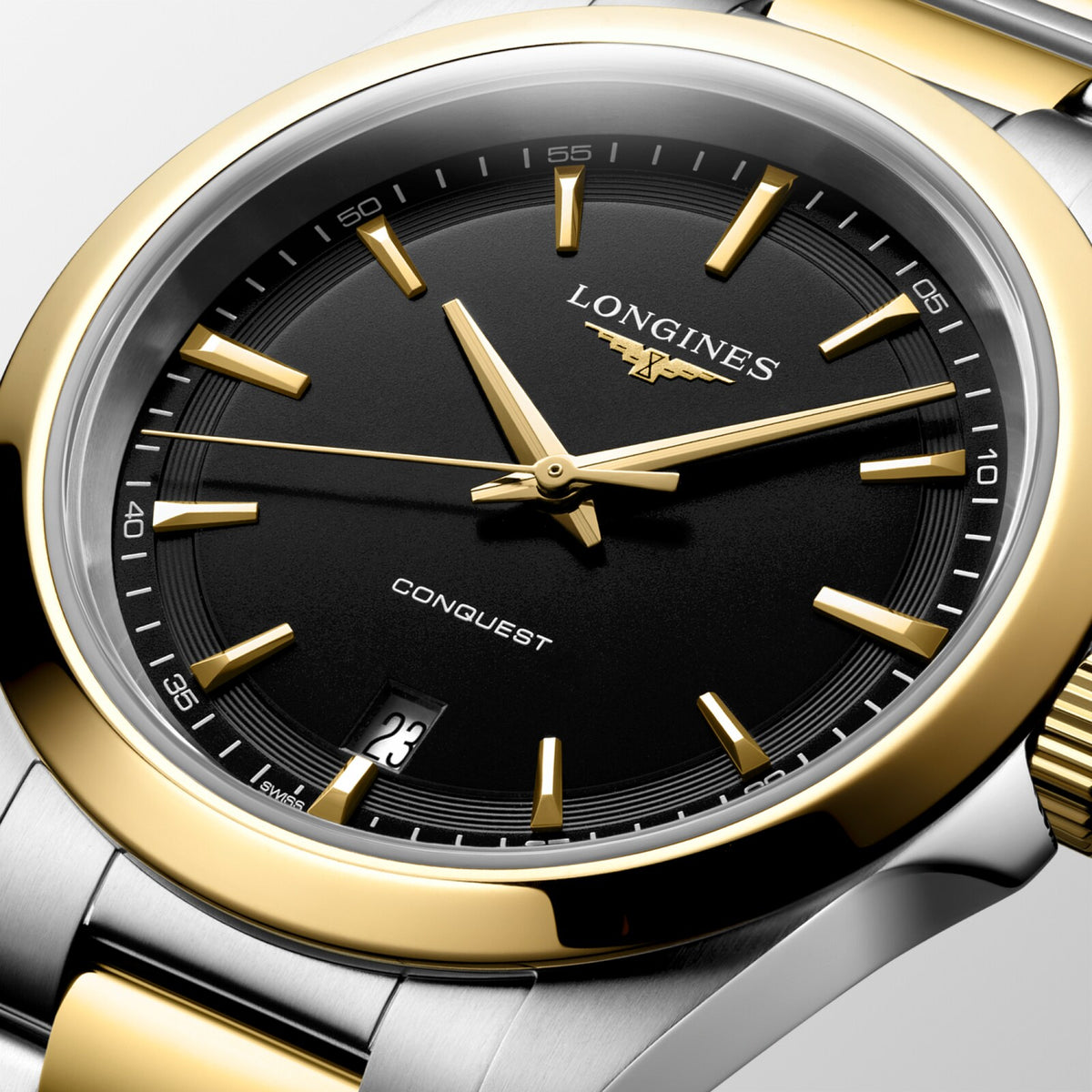 [SIMCHA-OFFICIAL-GALLERY:L3.750.3.52.7:02] Longines Conquest 38.00mm Quartz Black sandblasted Dial Yellow Stainless Steel Bracelet Watch — official gallery view 2