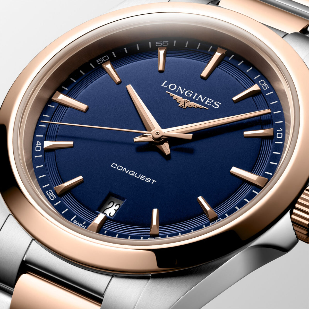 [SIMCHA-OFFICIAL-GALLERY:L3.750.3.98.7:02] Longines Conquest 38.00mm Quartz Blue sandblasted Dial Red Stainless Steel Bracelet Watch — official gallery view 2