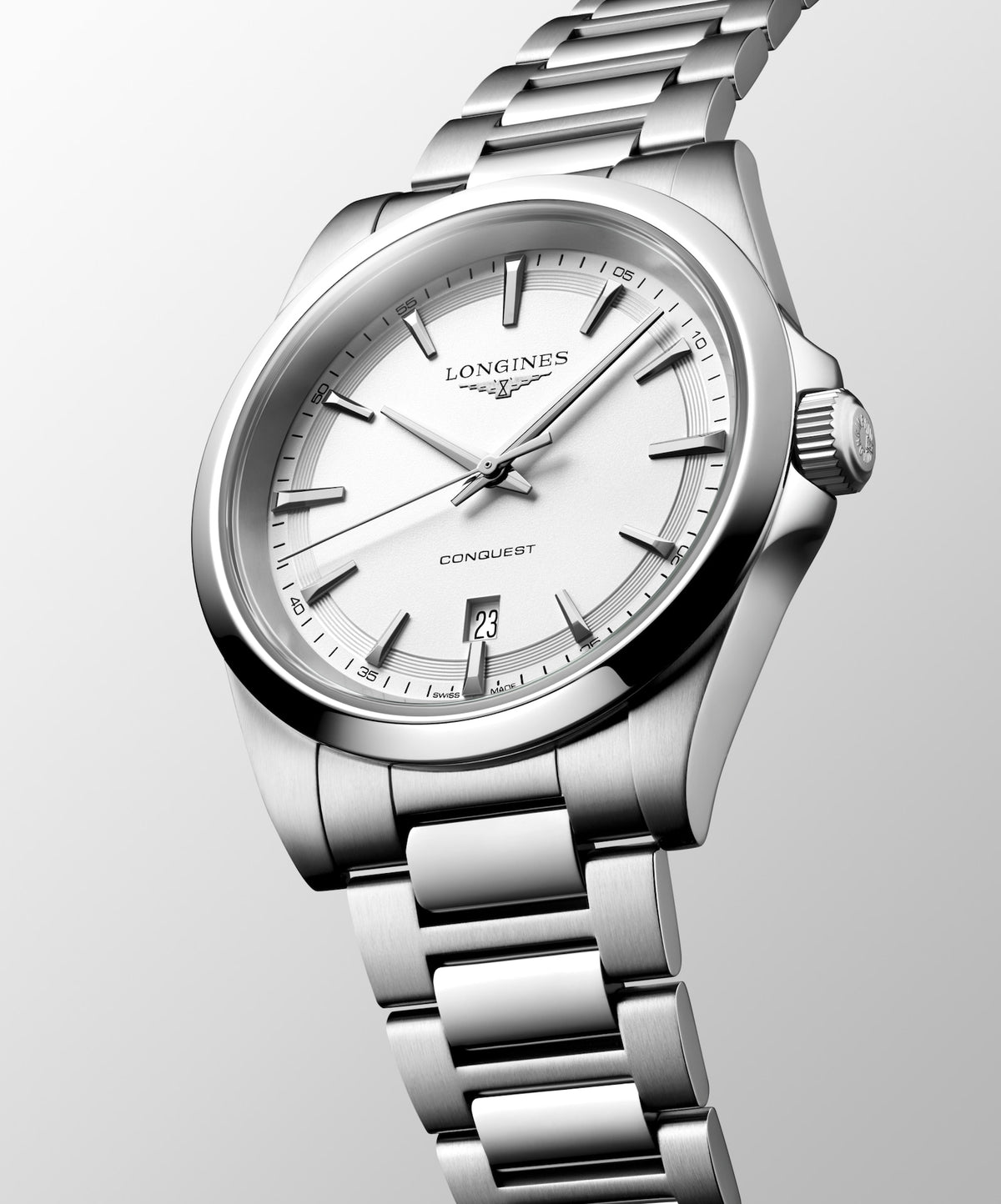 Longines Conquest 41.00mm Quartz White sandblasted Dial Stainless Steel Bracelet Watch