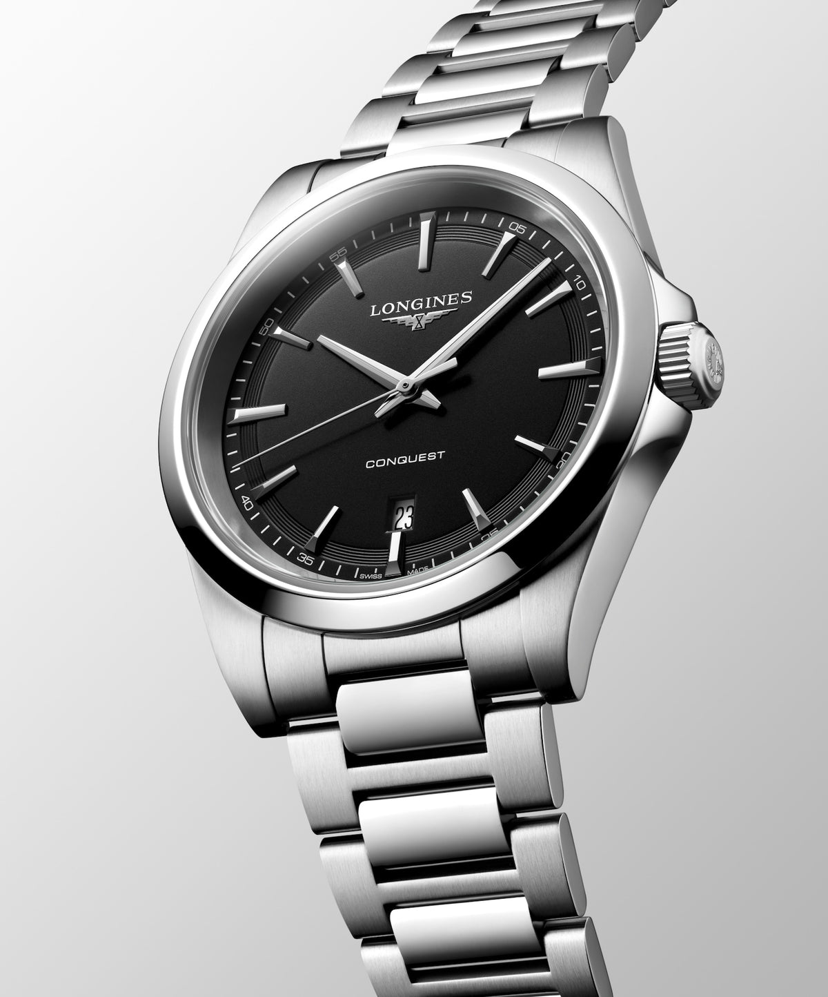 Longines Conquest 41.00mm Quartz Black sandblasted Dial Stainless Steel Bracelet Watch