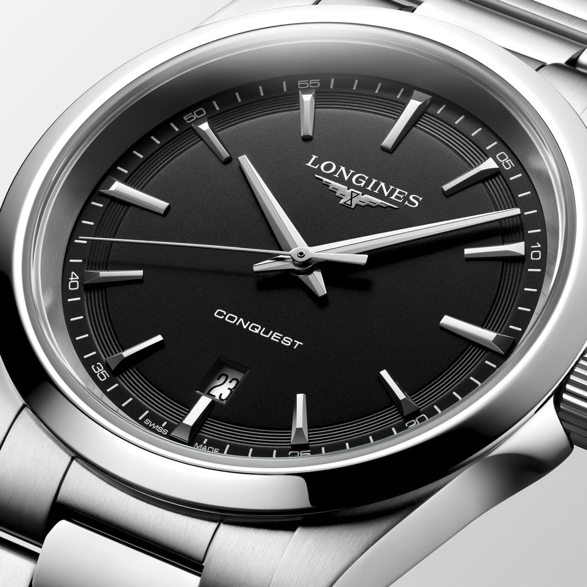 Longines Conquest 41.00mm Quartz Black sandblasted Dial Stainless Steel Bracelet Watch