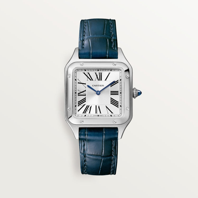 Cartier Santos 38.0 x 27.5mm Quartz silver Dial Blue Alligator and Leather Strap Watch