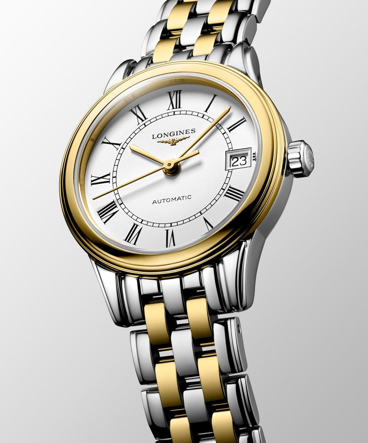 [SIMCHA-OFFICIAL-GALLERY:L4.274.3.21.7:04] Longines Flagship Classic 26.00mm Automatic White matt Dial Yellow Stainless Steel Bracelet Watch — official gallery view 4