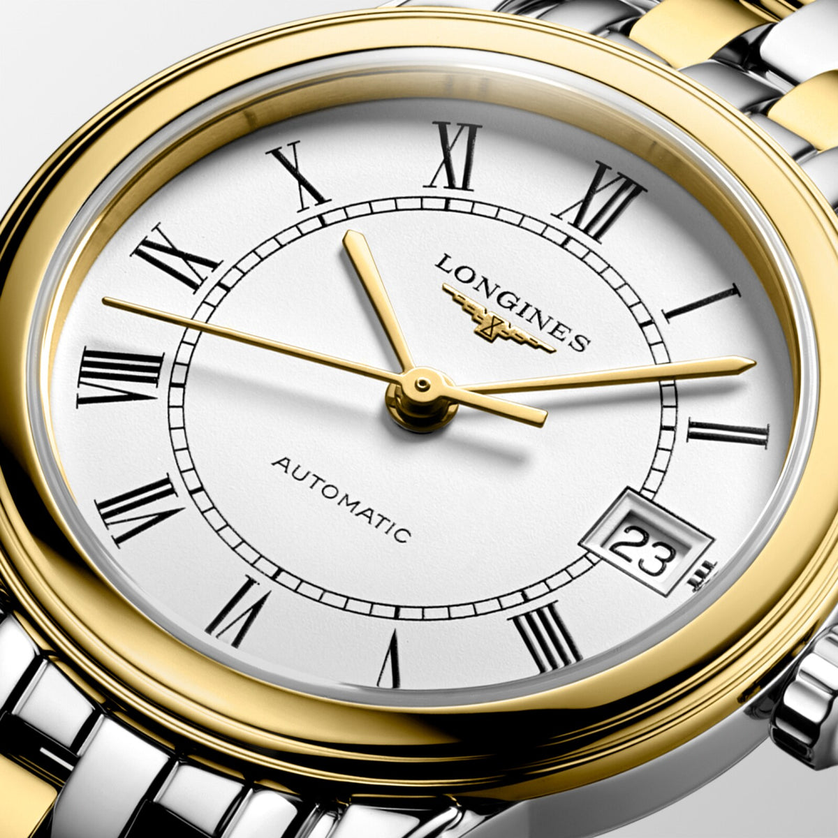 [SIMCHA-OFFICIAL-GALLERY:L4.274.3.21.7:02] Longines Flagship Classic 26.00mm Automatic White matt Dial Yellow Stainless Steel Bracelet Watch — official gallery view 2