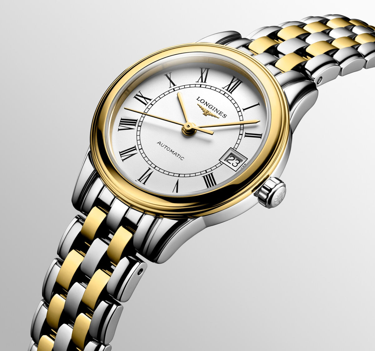 [SIMCHA-OFFICIAL-GALLERY:L4.274.3.21.7:06] Longines Flagship Classic 26.00mm Automatic White matt Dial Yellow Stainless Steel Bracelet Watch — official gallery view 6