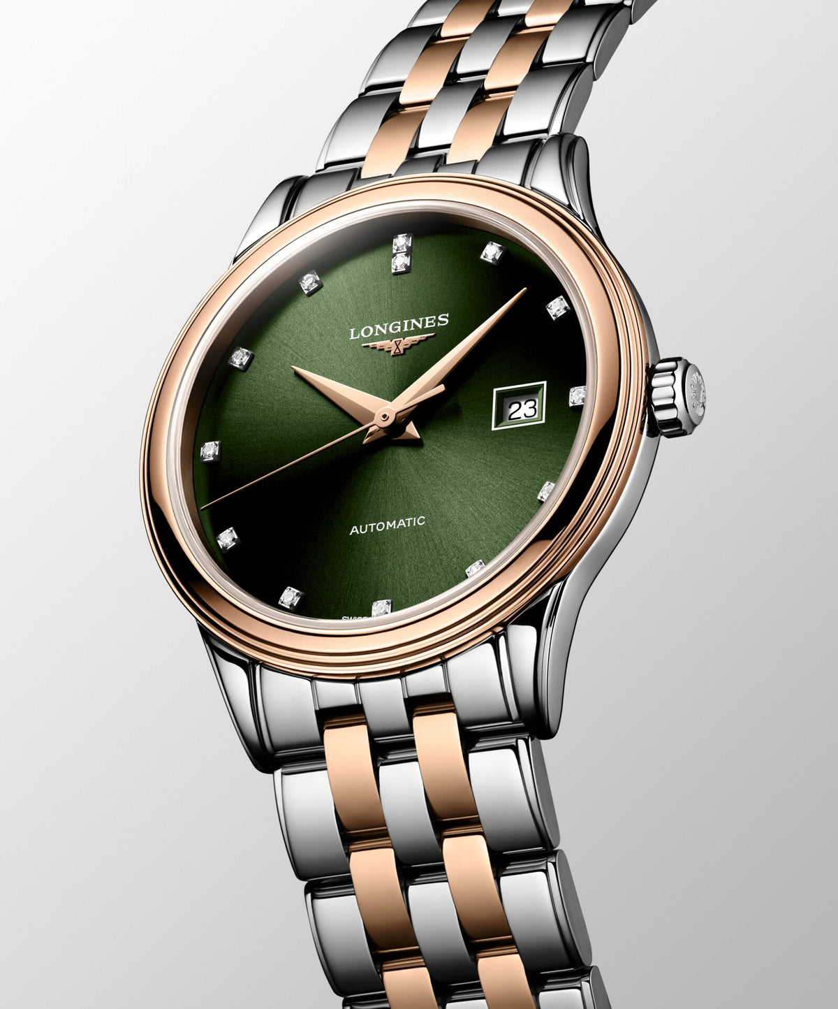 [SIMCHA-OFFICIAL-GALLERY:L4.374.3.07.7:04] Longines Flagship Classic 30.00mm Automatic Sunray green Dial Red Stainless Steel Bracelet Watch — official gallery view 4