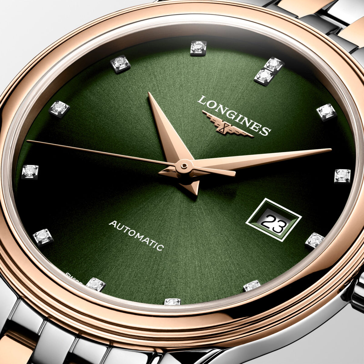 [SIMCHA-OFFICIAL-GALLERY:L4.374.3.07.7:02] Longines Flagship Classic 30.00mm Automatic Sunray green Dial Red Stainless Steel Bracelet Watch — official gallery view 2