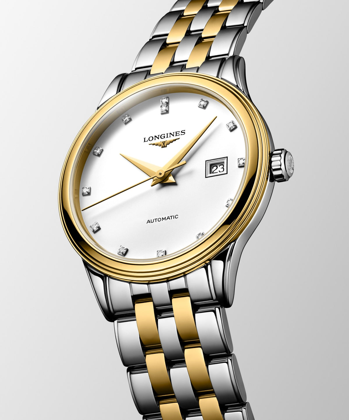 [SIMCHA-OFFICIAL-GALLERY:L4.374.3.17.7:04] Longines Flagship Classic 30.00mm Automatic White matt Dial Yellow Stainless Steel Bracelet Watch — official gallery view 4