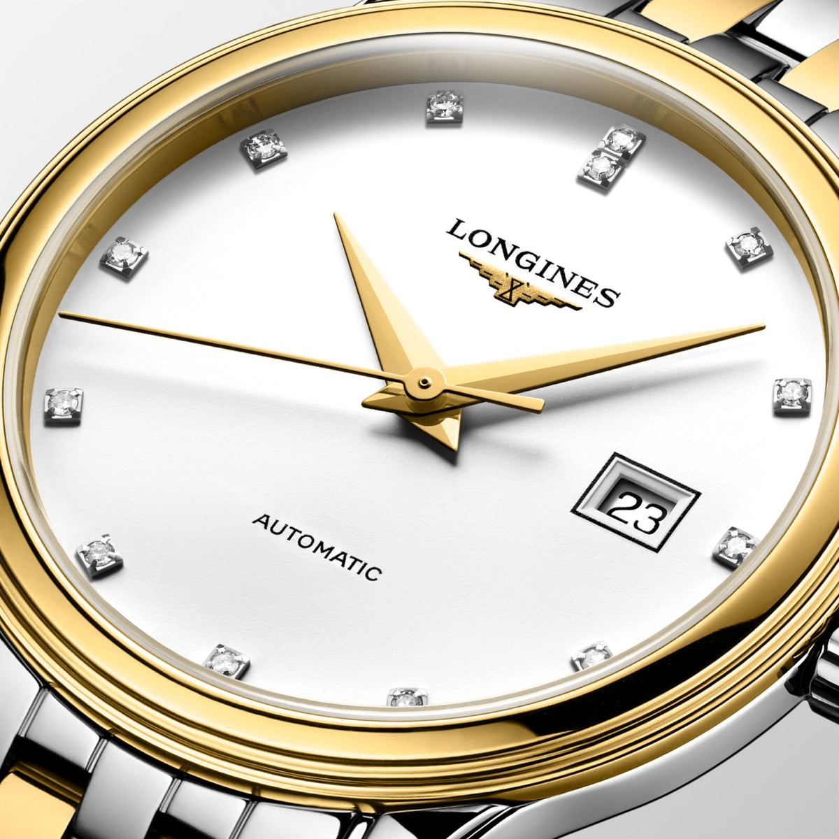 [SIMCHA-OFFICIAL-GALLERY:L4.374.3.17.7:02] Longines Flagship Classic 30.00mm Automatic White matt Dial Yellow Stainless Steel Bracelet Watch — official gallery view 2