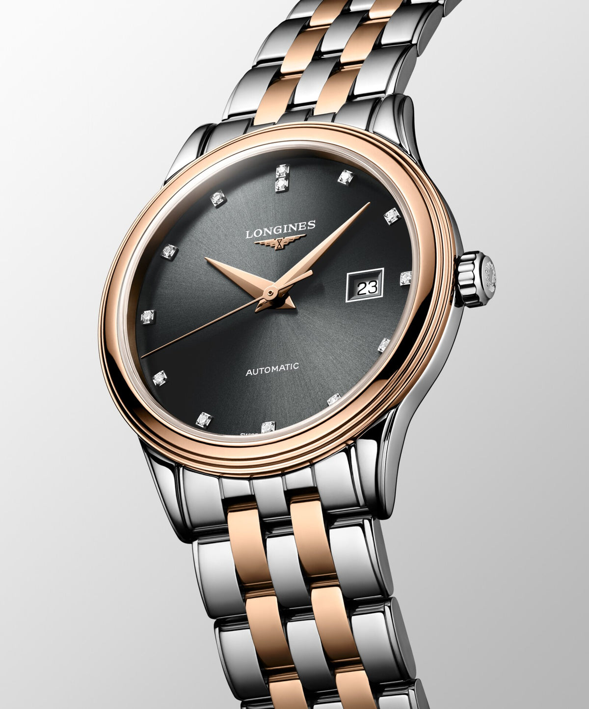 [SIMCHA-OFFICIAL-GALLERY:L4.374.3.77.7:04] Longines Flagship Classic 30.00mm Automatic Sunray anthracite Dial Red Stainless Steel Bracelet Watch — official gallery view 4