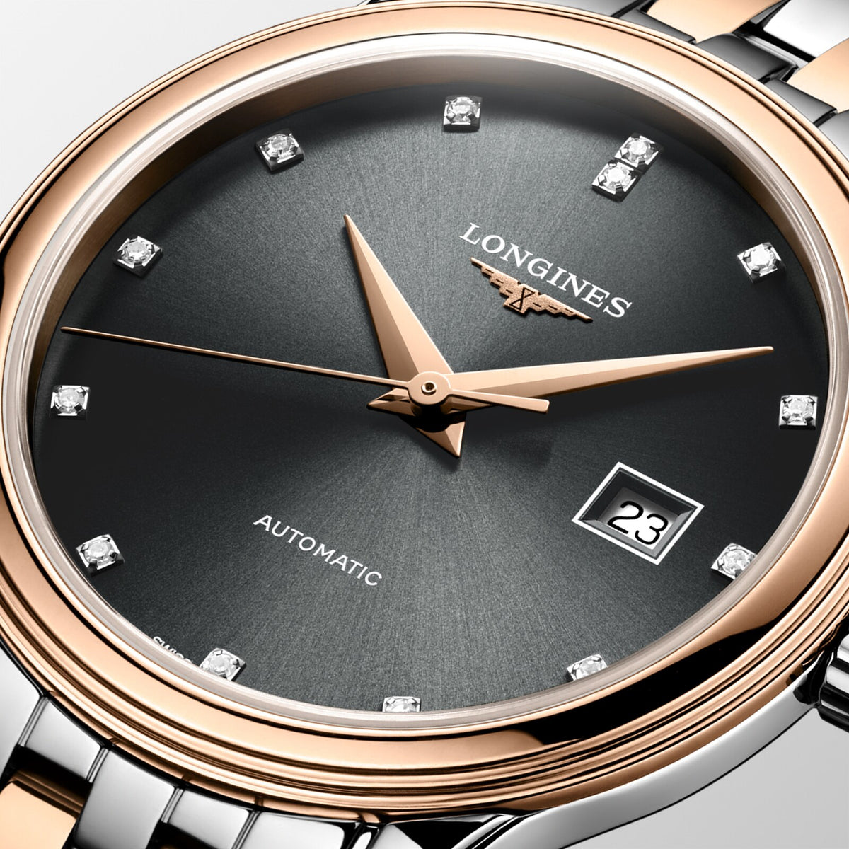 [SIMCHA-OFFICIAL-GALLERY:L4.374.3.77.7:02] Longines Flagship Classic 30.00mm Automatic Sunray anthracite Dial Red Stainless Steel Bracelet Watch — official gallery view 2