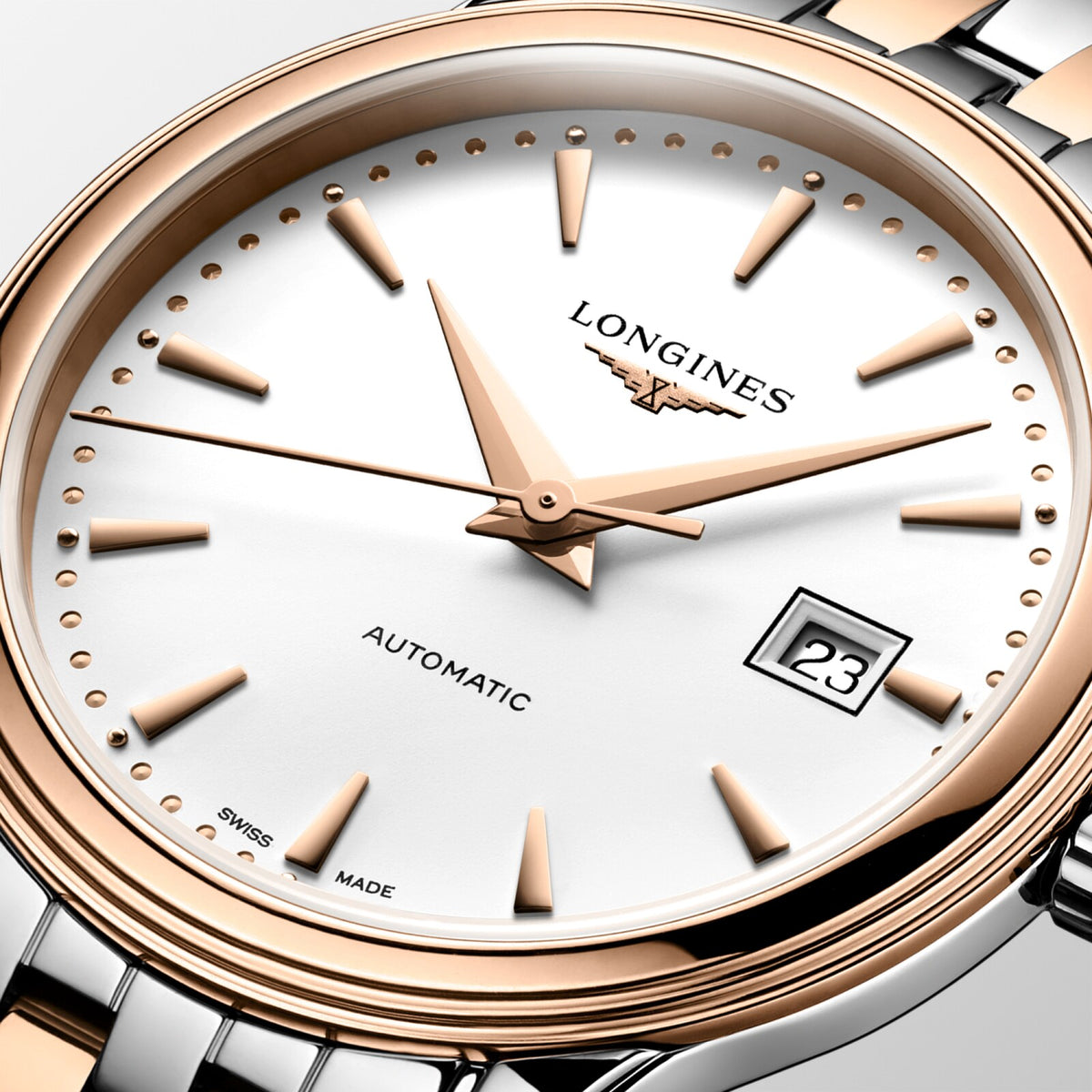[SIMCHA-OFFICIAL-GALLERY:L4.374.3.90.7:02] Longines Flagship Classic 30.00mm Automatic White matt Dial Red Stainless Steel Bracelet Watch — official gallery view 2