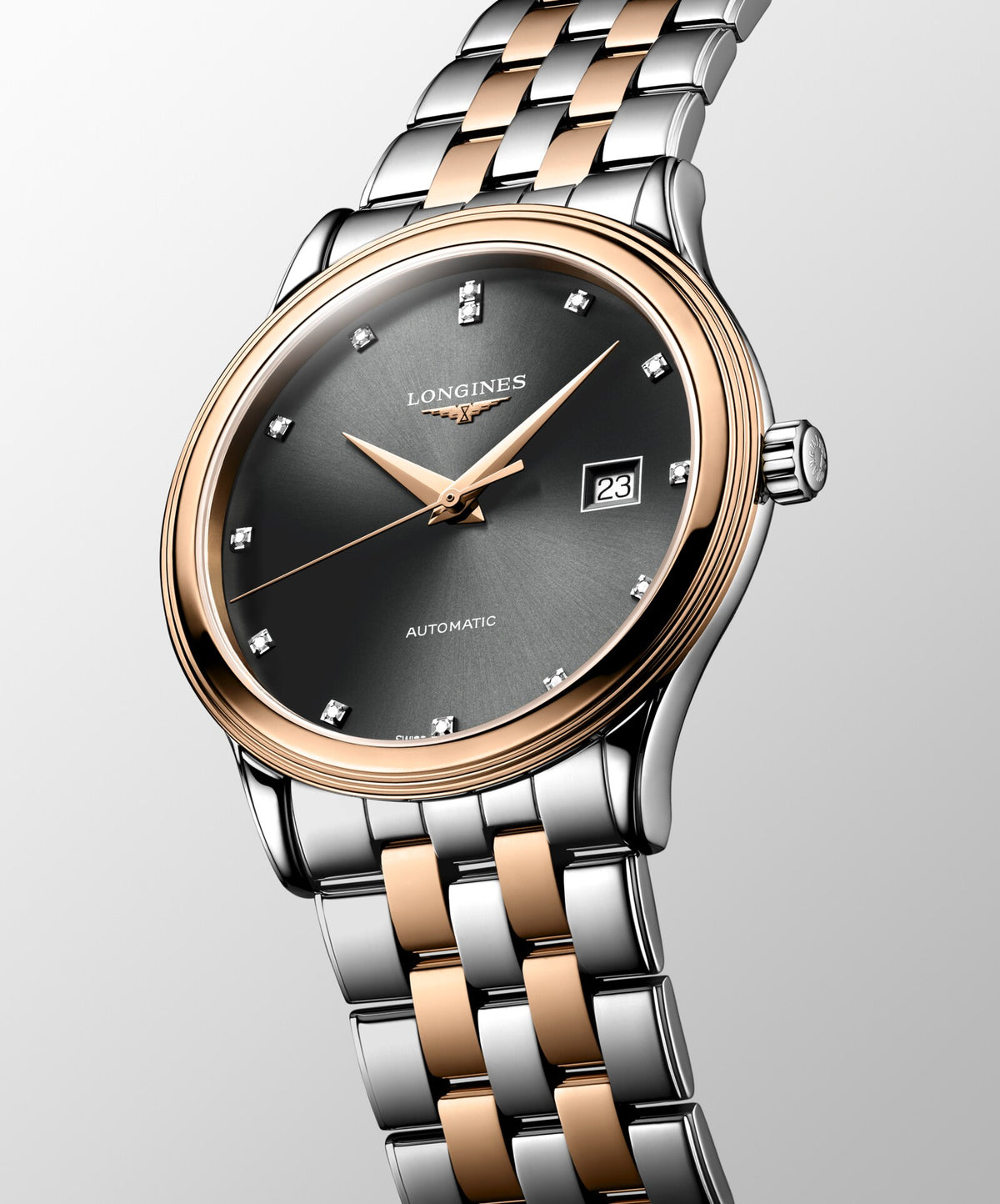 [SIMCHA-OFFICIAL-GALLERY:L4.984.3.77.7:04] Longines Flagship Classic 40.00mm Automatic Sunray anthracite Dial Red Stainless Steel Bracelet Watch — official gallery view 4