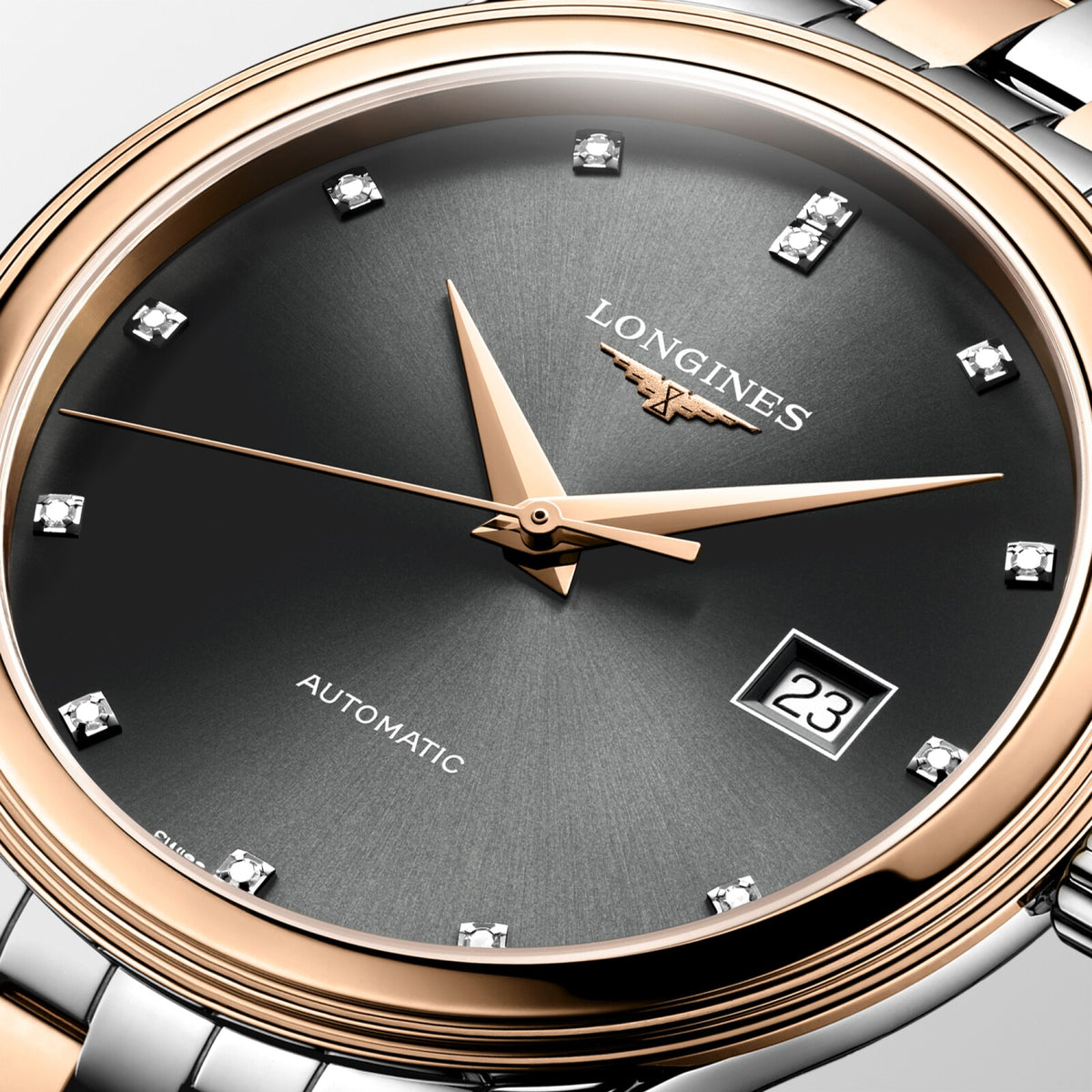 [SIMCHA-OFFICIAL-GALLERY:L4.984.3.77.7:02] Longines Flagship Classic 40.00mm Automatic Sunray anthracite Dial Red Stainless Steel Bracelet Watch — official gallery view 2