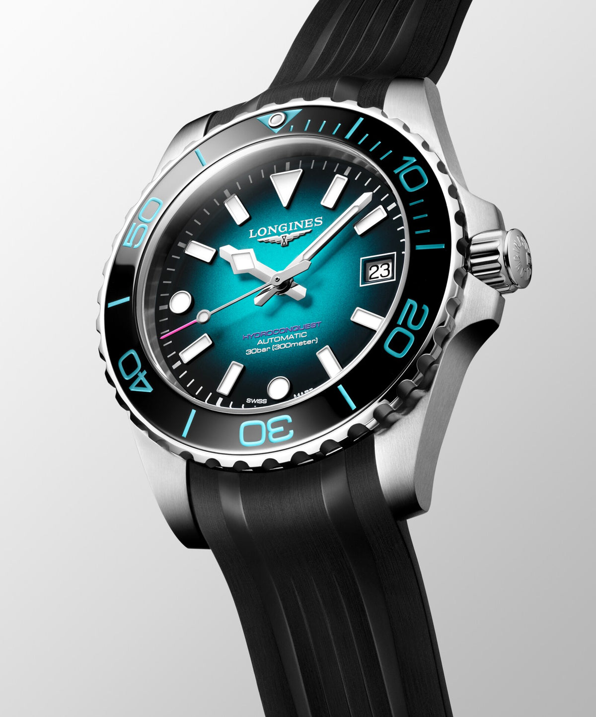 [SIMCHA-OFFICIAL-GALLERY:L3.779.4.09.9:05] Longines HydroConquest 39.00mm Automatic Teal gradient lacquered polished Dial Black Rubber Strap Watch — official gallery view 5
