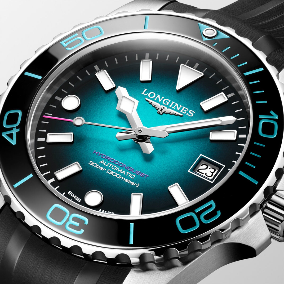 [SIMCHA-OFFICIAL-GALLERY:L3.779.4.09.9:02] Longines HydroConquest 39.00mm Automatic Teal gradient lacquered polished Dial Black Rubber Strap Watch — official gallery view 2