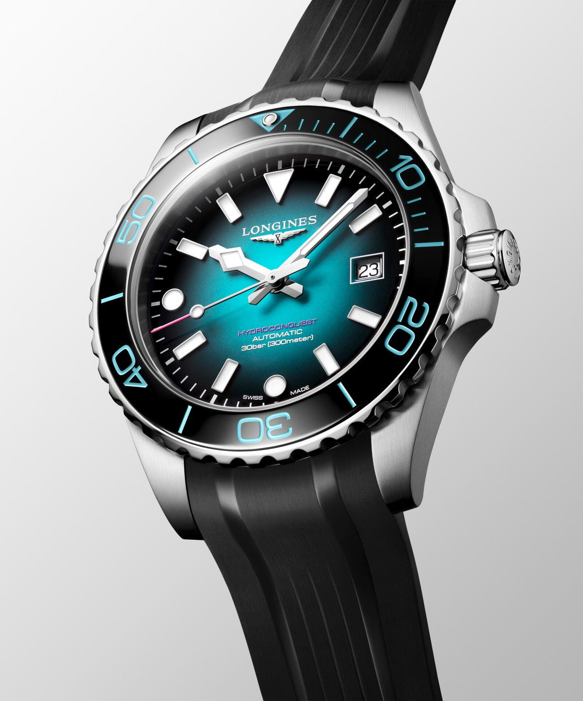 [SIMCHA-OFFICIAL-GALLERY:L3.788.4.09.9:05] Longines HydroConquest 42.00mm Automatic Teal gradient lacquered polished Dial Black Rubber Strap Watch — official gallery view 5