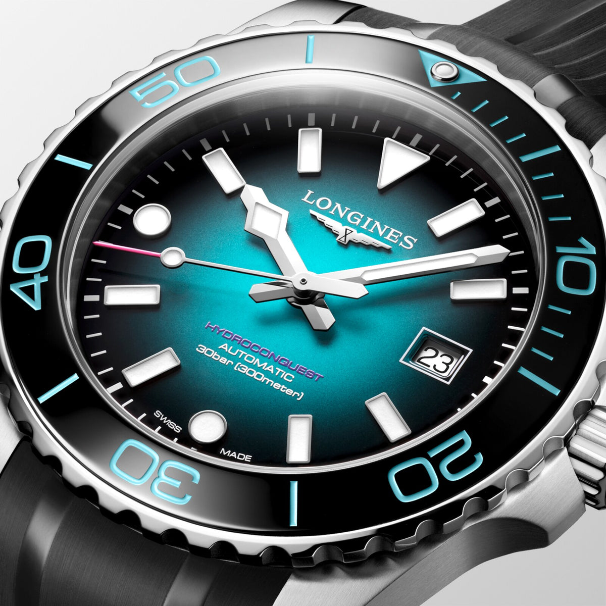 [SIMCHA-OFFICIAL-GALLERY:L3.788.4.09.9:02] Longines HydroConquest 42.00mm Automatic Teal gradient lacquered polished Dial Black Rubber Strap Watch — official gallery view 2