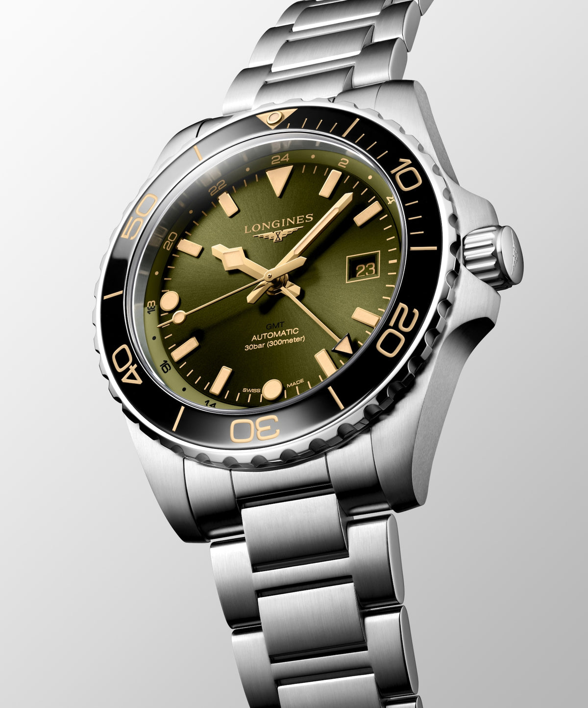 [SIMCHA-TOP500:LONGINES:L3.890.4.06.6:04] HYDROCONQUEST GMT L3.890.4.06.6 Automatic, Stainless steel and ceramic bezel, Sunray green, Bracelet Watch - Watch face