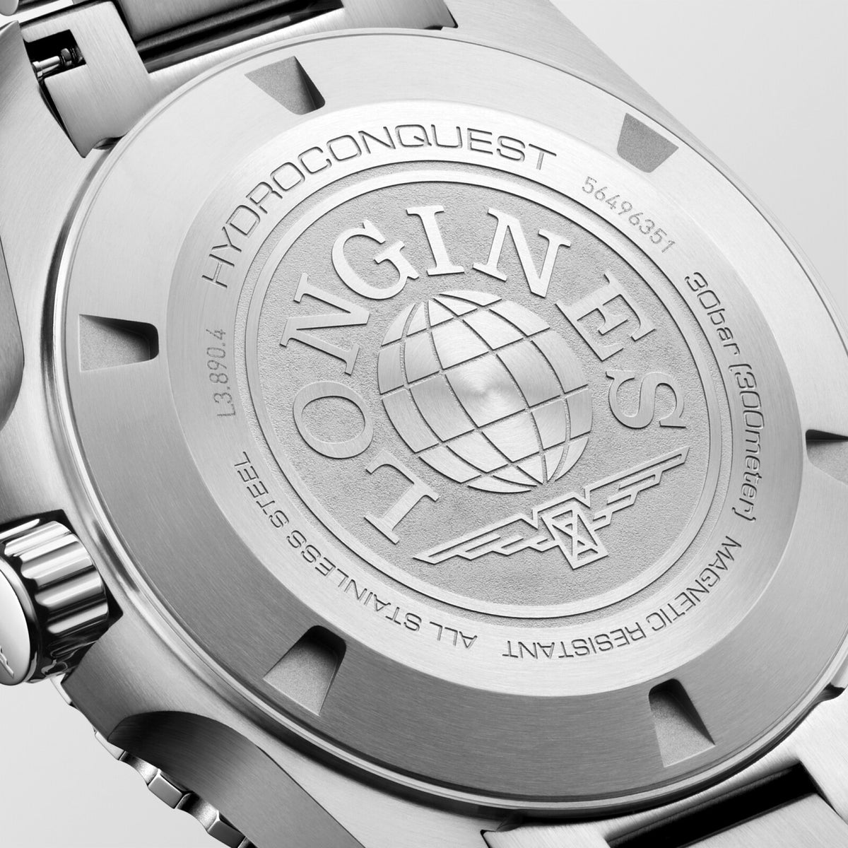 [SIMCHA-TOP500:LONGINES:L3.890.4.06.6:03] HYDROCONQUEST GMT L3.890.4.06.6 Automatic, Stainless steel and ceramic bezel, Sunray green, Bracelet Watch - Back close up