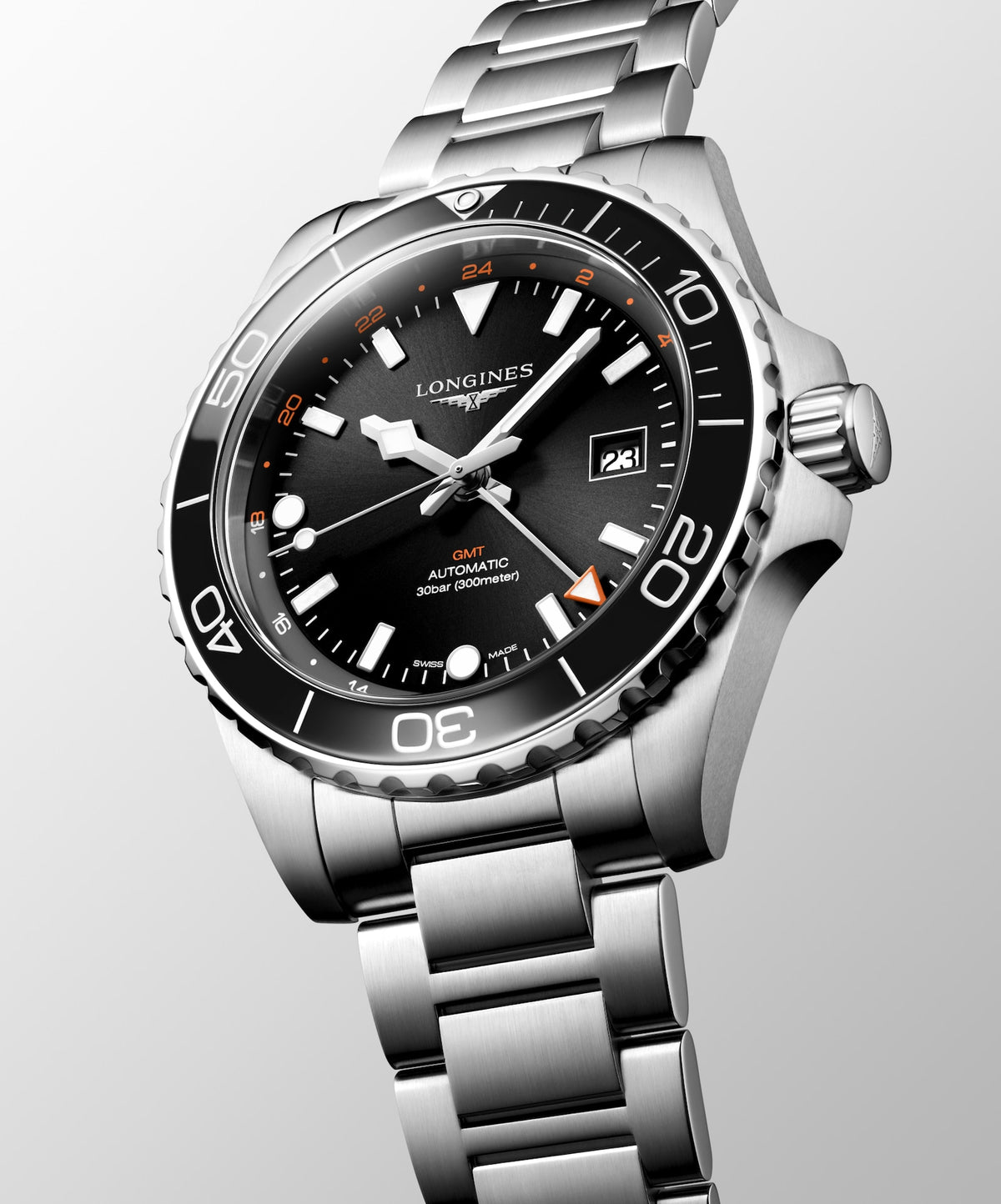 [SIMCHA-TOP500:LONGINES:L3.890.4.56.6:04] HYDROCONQUEST GMT L3.890.4.56.6 Automatic, Stainless steel and ceramic bezel, Sunray black, Bracelet Watch - Watch face