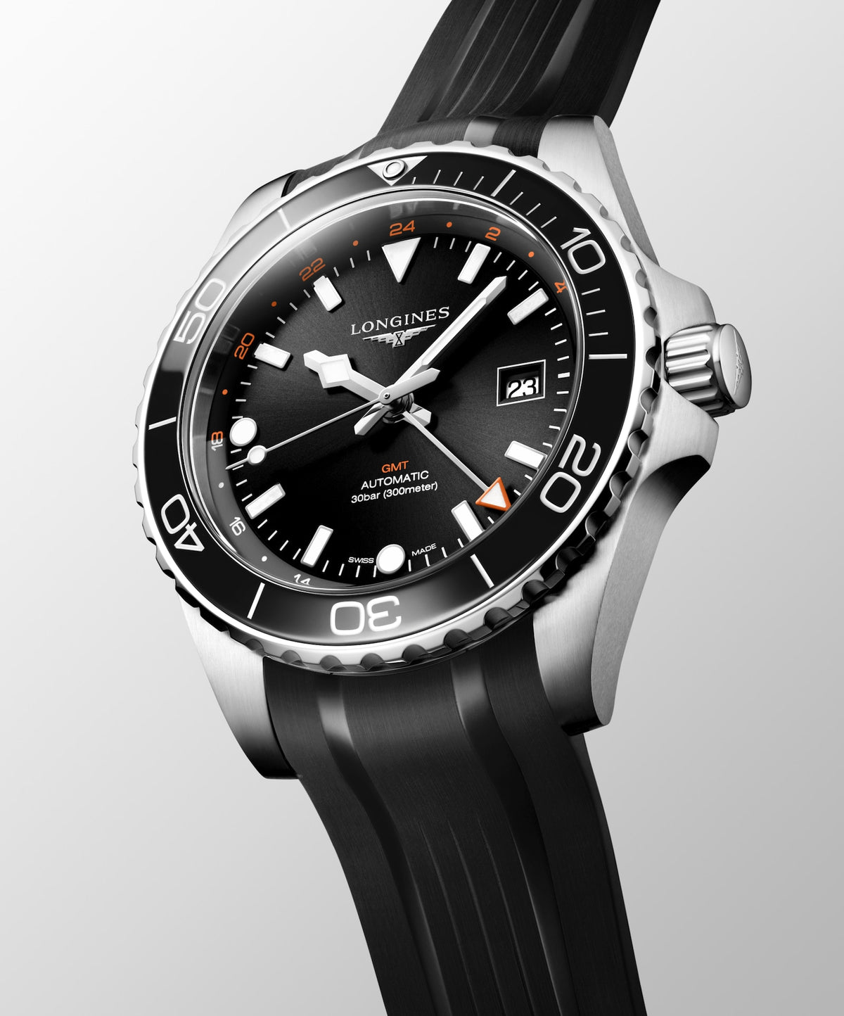[SIMCHA-TOP500:LONGINES:L3.890.4.56.9:04] HYDROCONQUEST GMT L3.890.4.56.9 Automatic, Stainless steel and ceramic bezel, Sunray black, Strap Watch - Watch face