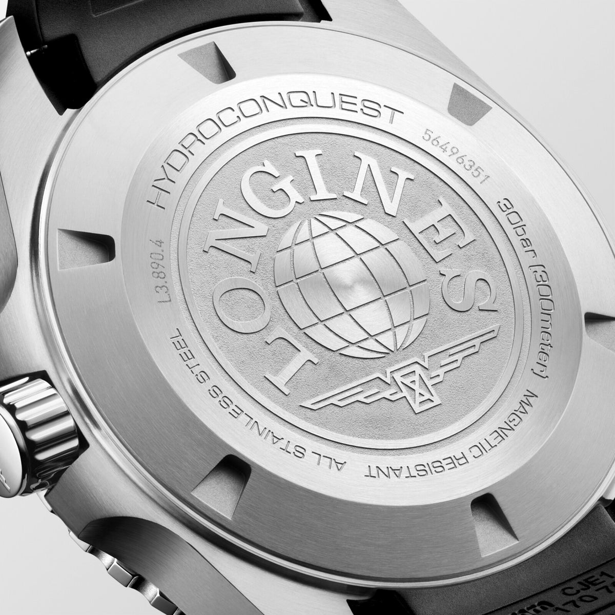 [SIMCHA-TOP500:LONGINES:L3.890.4.56.9:03] HYDROCONQUEST GMT L3.890.4.56.9 Automatic, Stainless steel and ceramic bezel, Sunray black, Strap Watch - Back close up