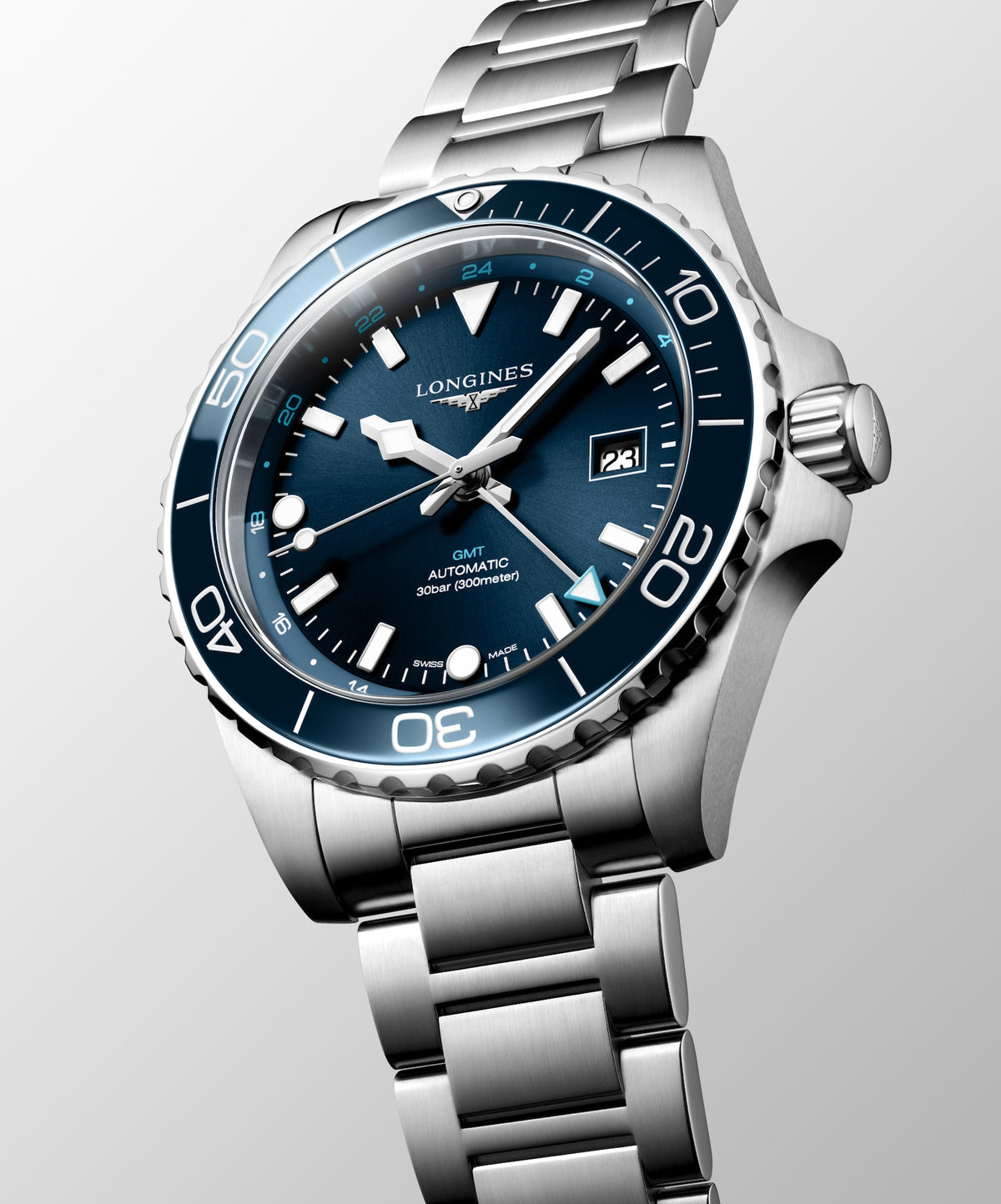 [SIMCHA-TOP500:LONGINES:L3.890.4.96.6:04] HYDROCONQUEST GMT L3.890.4.96.6 Automatic, Stainless steel and ceramic bezel, Sunray blue, Bracelet Watch - Watch face