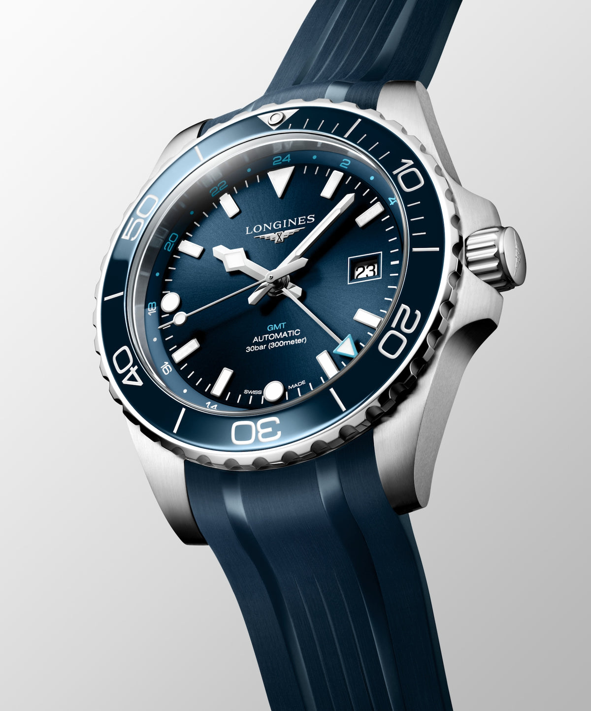 [SIMCHA-TOP500:LONGINES:L3.890.4.96.9:04] HYDROCONQUEST GMT L3.890.4.96.9 Automatic, Stainless steel and ceramic bezel, Sunray blue, Strap Watch - Watch face