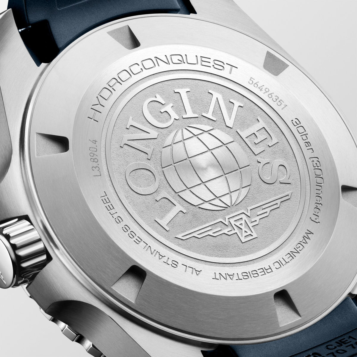 [SIMCHA-TOP500:LONGINES:L3.890.4.96.9:03] HYDROCONQUEST GMT L3.890.4.96.9 Automatic, Stainless steel and ceramic bezel, Sunray blue, Strap Watch - Back close up