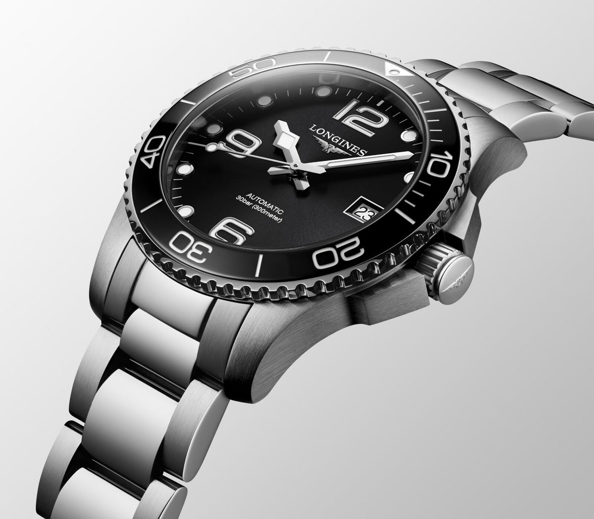 [SIMCHA-OFFICIAL-GALLERY:L3.780.4.56.6:09] Longines HydroConquest 39.00mm Automatic Sunray black Dial Stainless Steel Bracelet Watch — official gallery view 9