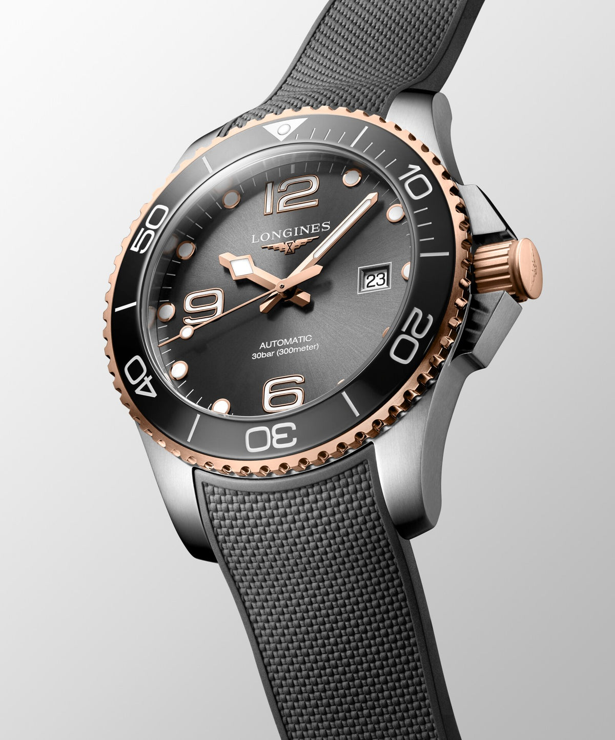 [SIMCHA-OFFICIAL-GALLERY:L3.782.3.78.9:06] Longines HydroConquest 43.00mm Automatic Sunray grey Dial Grey Rubber Strap Watch — official gallery view 6
