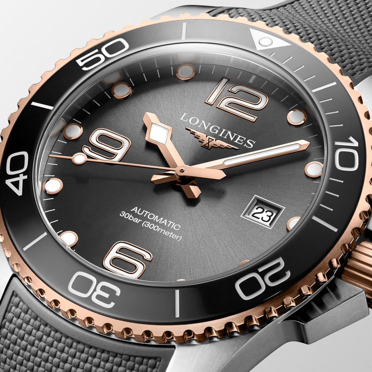 [SIMCHA-OFFICIAL-GALLERY:L3.782.3.78.9:02] Longines HydroConquest 43.00mm Automatic Sunray grey Dial Grey Rubber Strap Watch — official gallery view 2